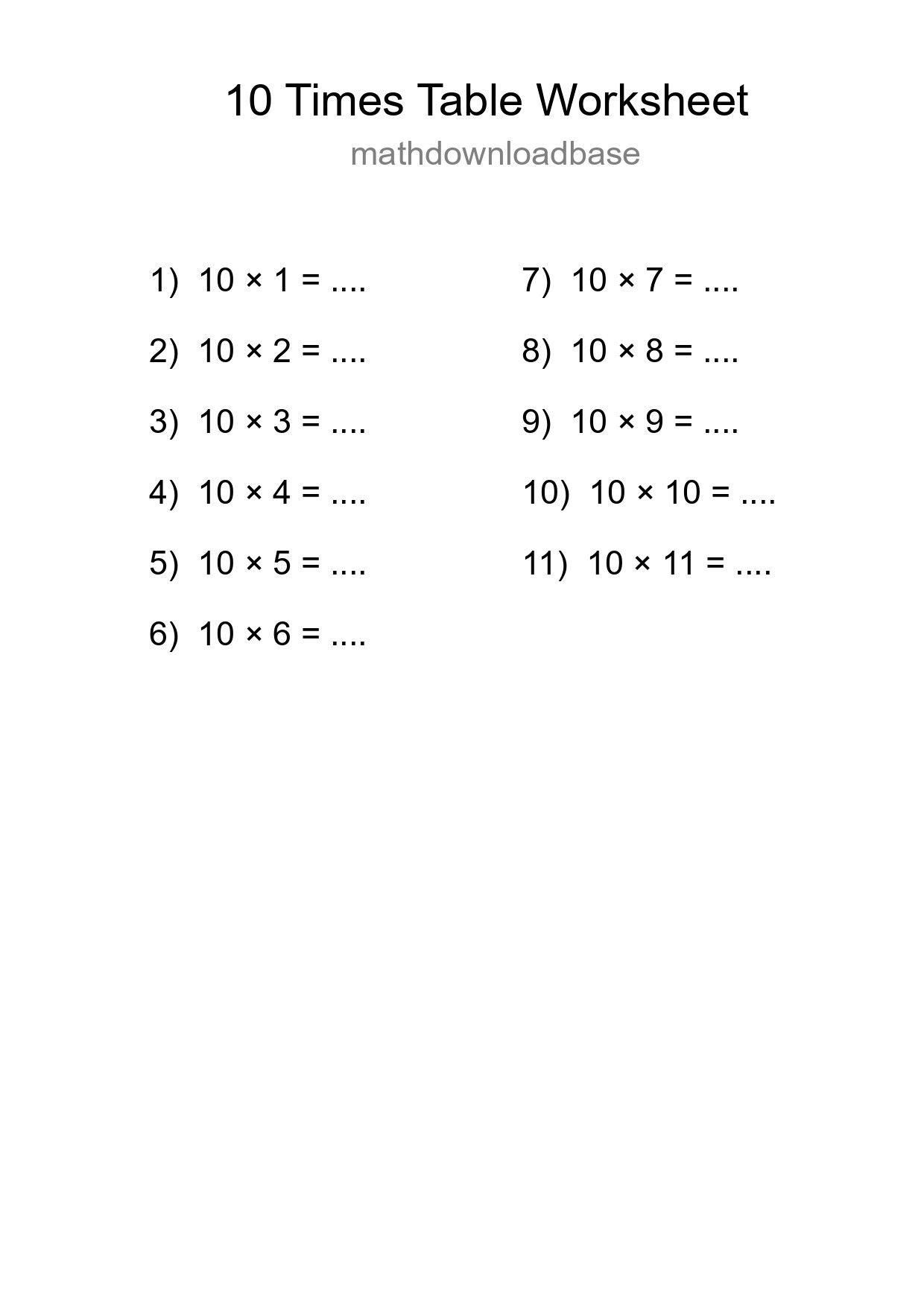 10 Times Table Worksheet For Grade 3 With Answers - Part 130