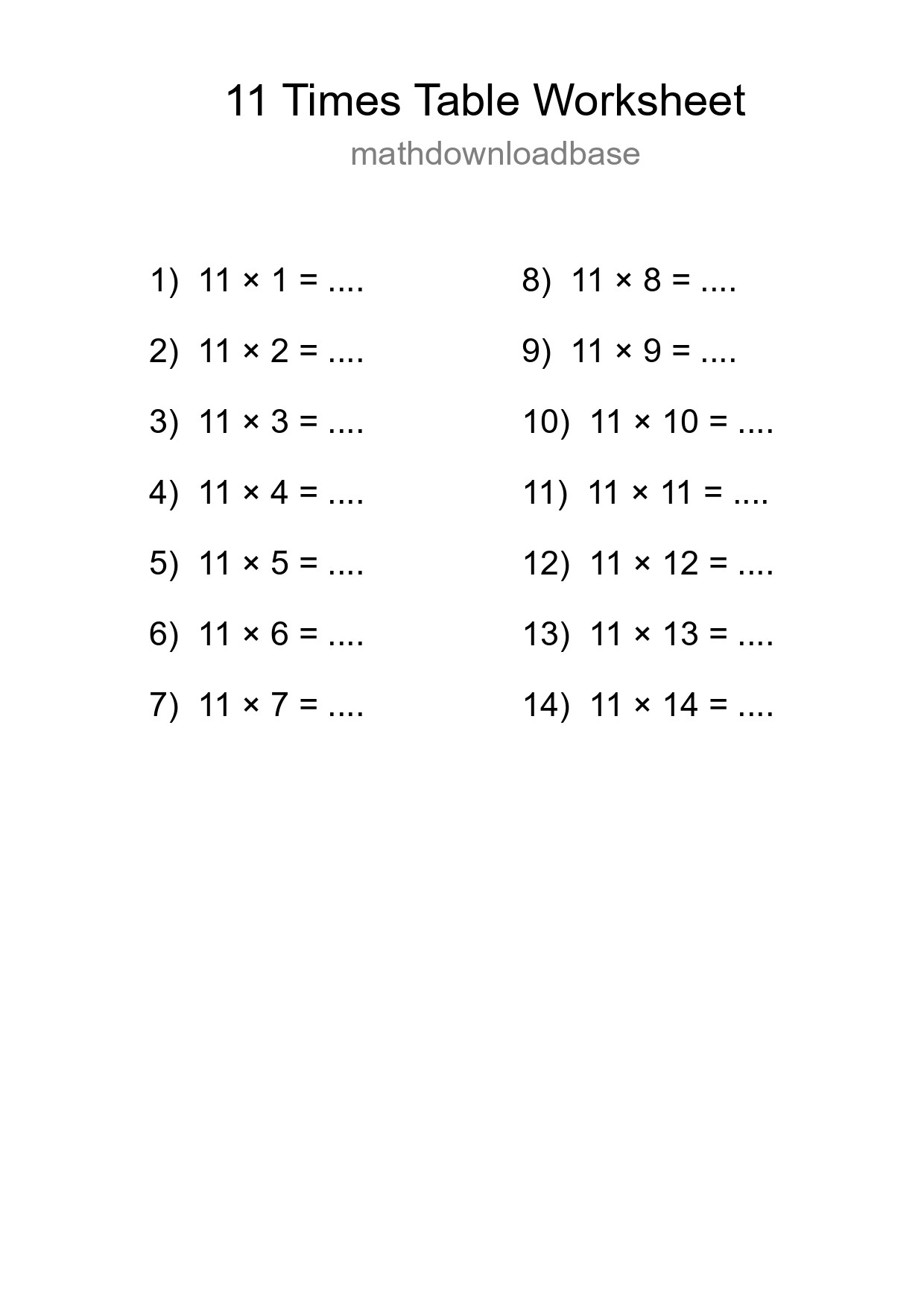 11 Times Table Worksheet For Grade 4 - Part 196