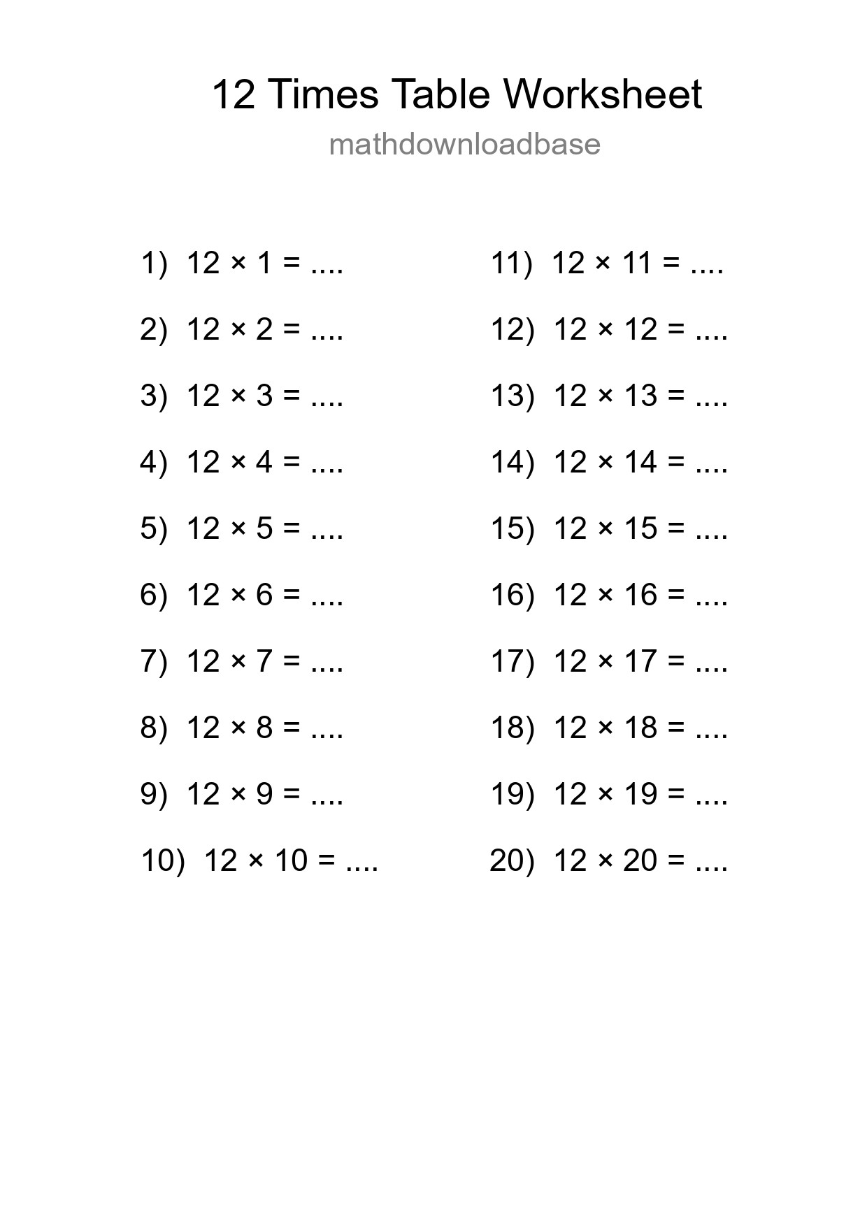 12 Times Table Worksheet For Grade 4 With Answers - Part 163