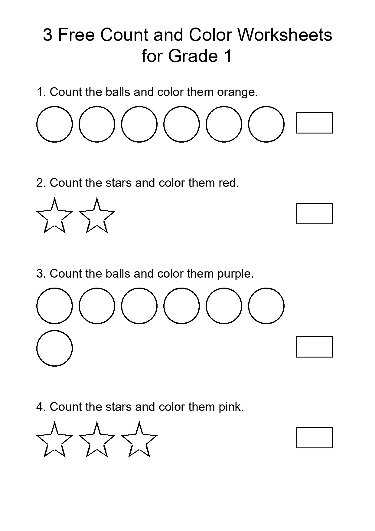 3 Free Count and Color Worksheets for Grade 1