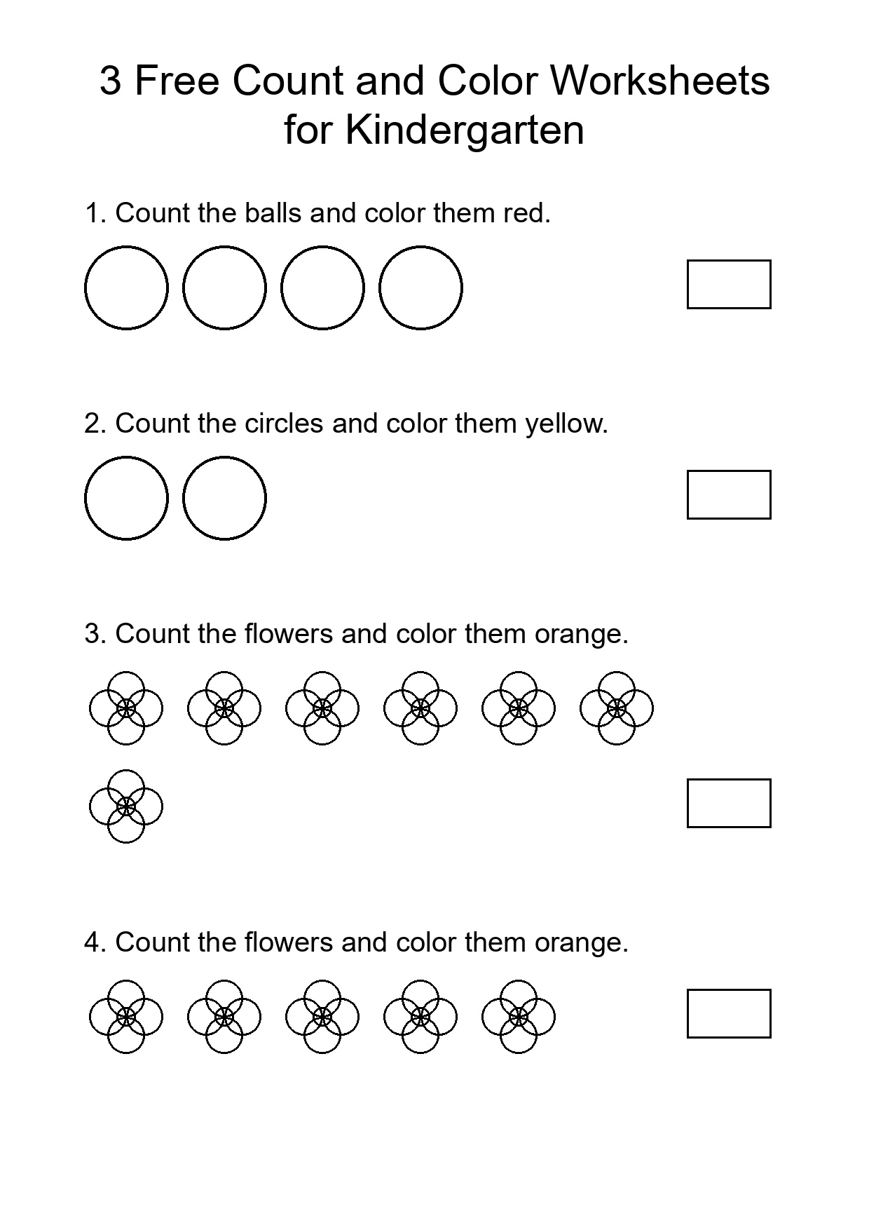 3 Free Count and Color Worksheets for Kindergarten