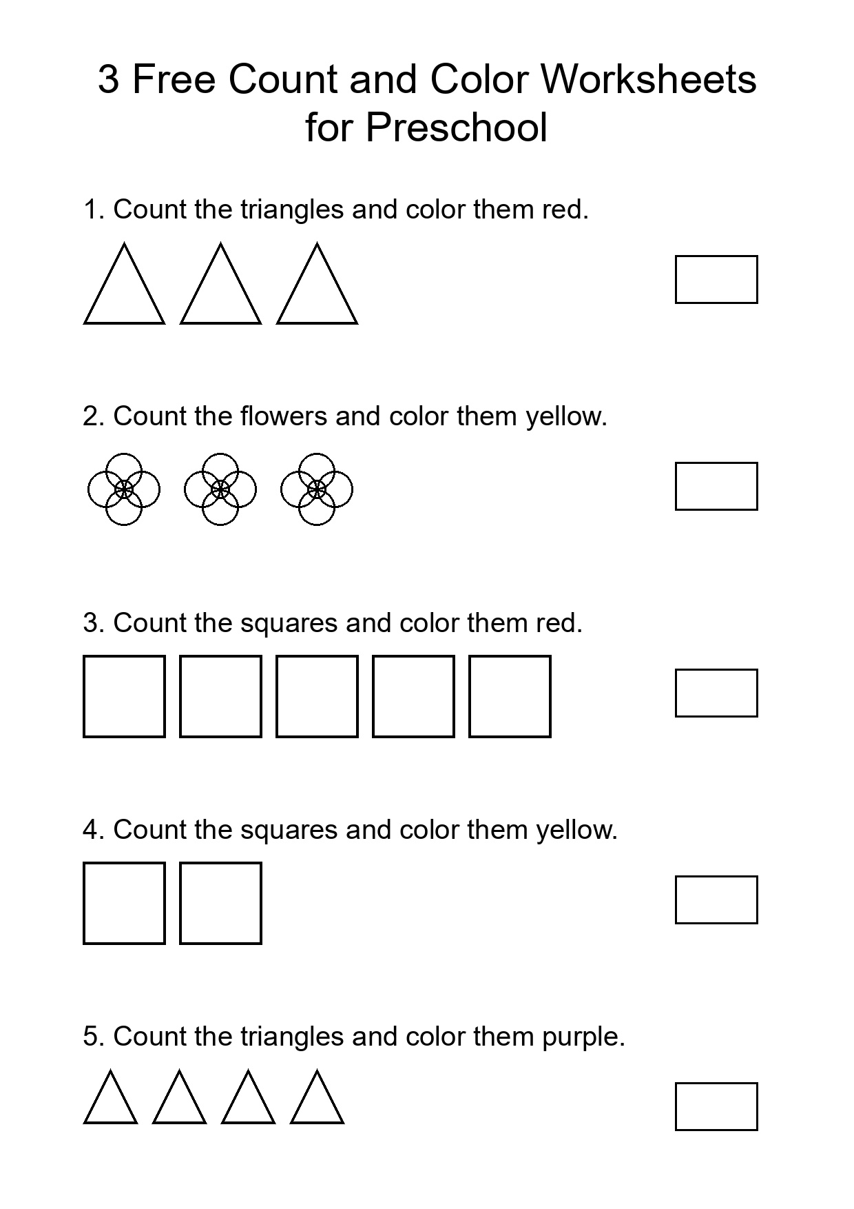 3 Free Count and Color Worksheets for Preschool