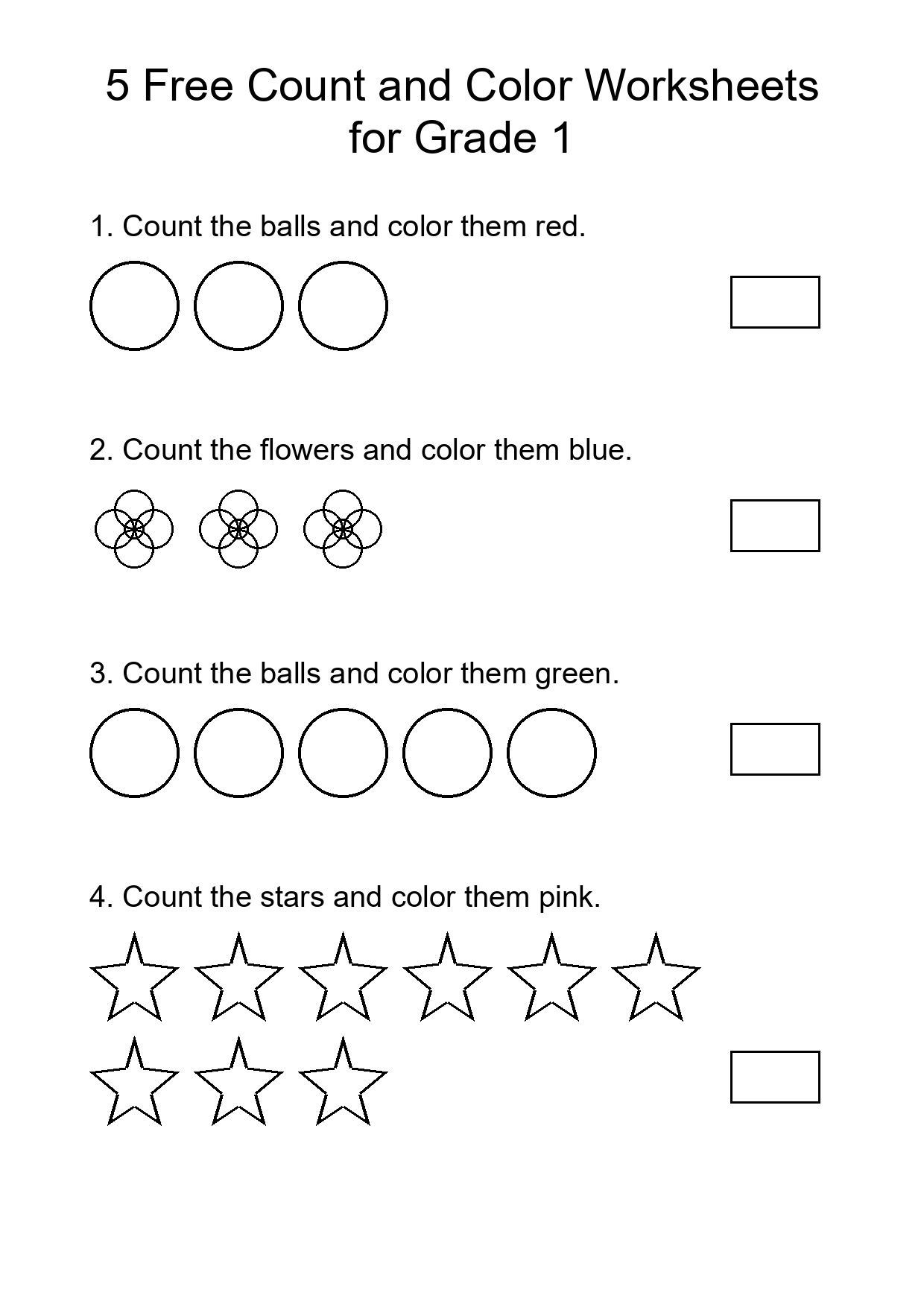 5 Free Count and Color Worksheets for Grade 1