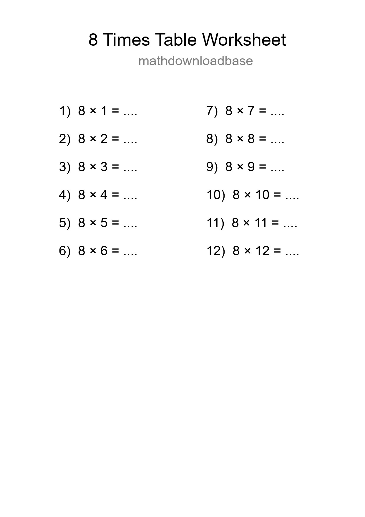 8 Times Table Worksheet For Grade 3 With Answers - Part 273
