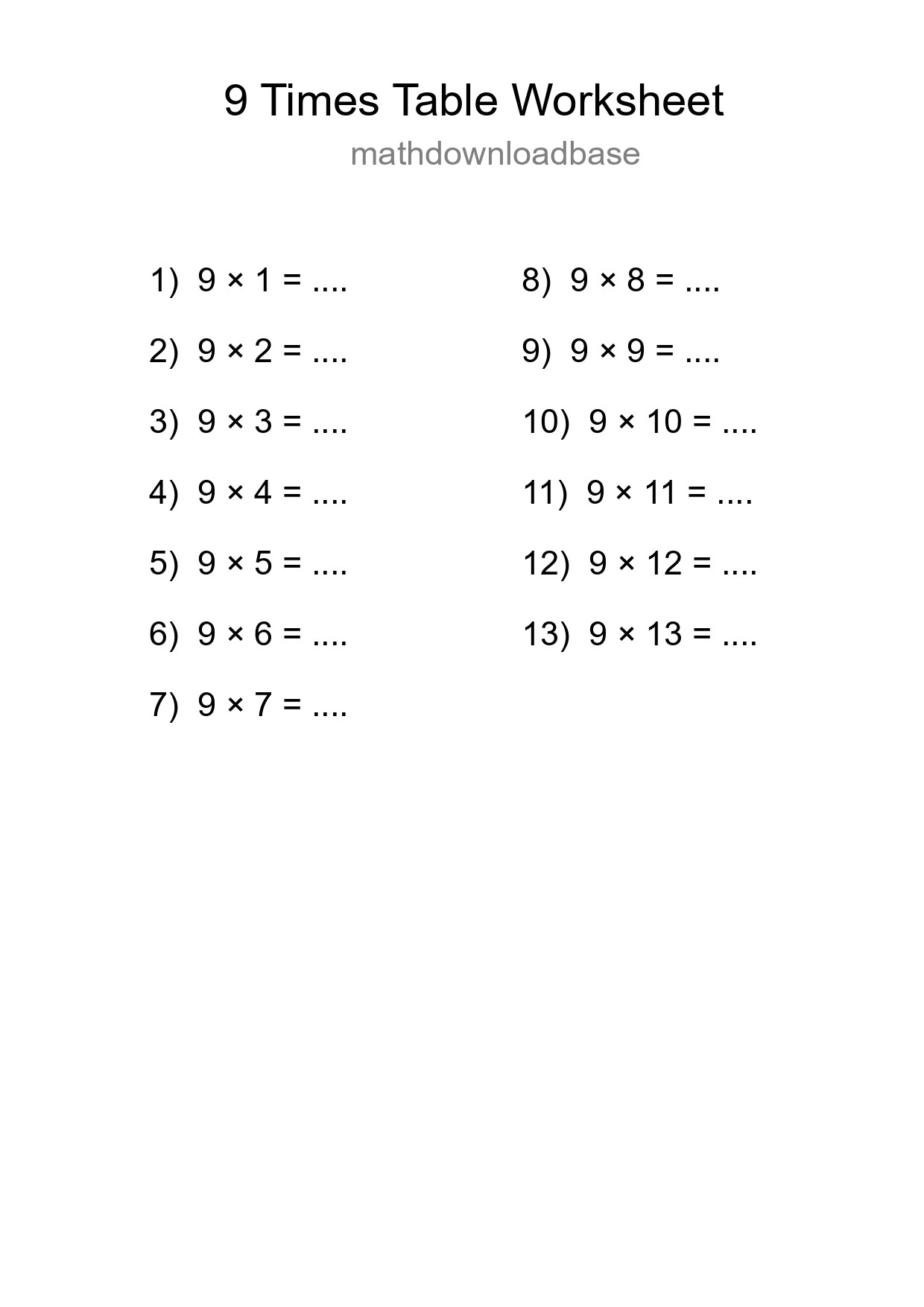 9 Times Table Worksheet For Grade 3 - Part 207