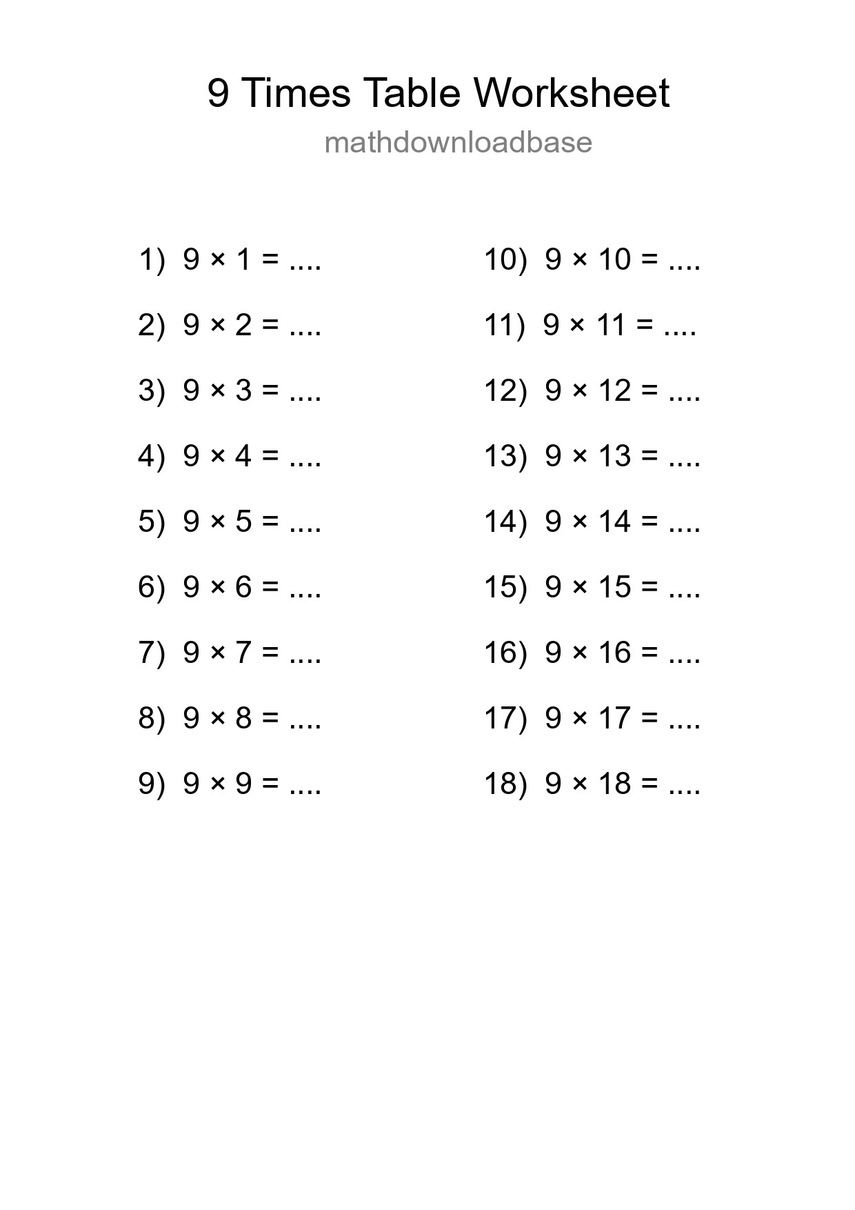 9 Times Table Worksheet For Grade 3 With Answers - Part 141