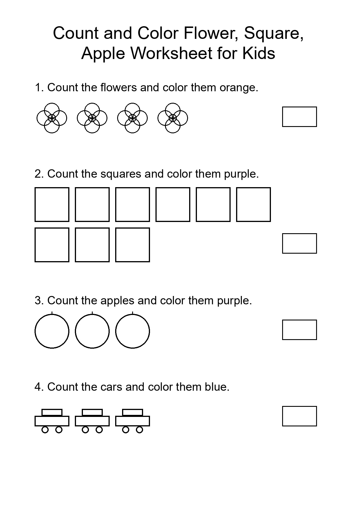 Count and Color Flower, Square, Apple Worksheet for Kids
