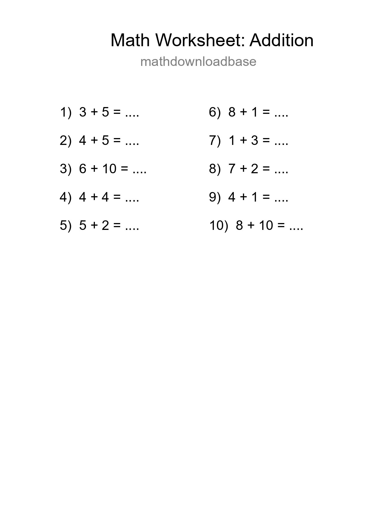Free 10 Addition Math Worksheet For Grade 1 - Part 12