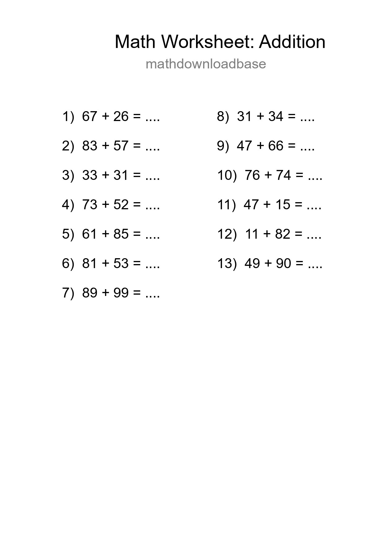 Free 13 Addition Math Worksheet For Grade 3 With Answers - Part 56