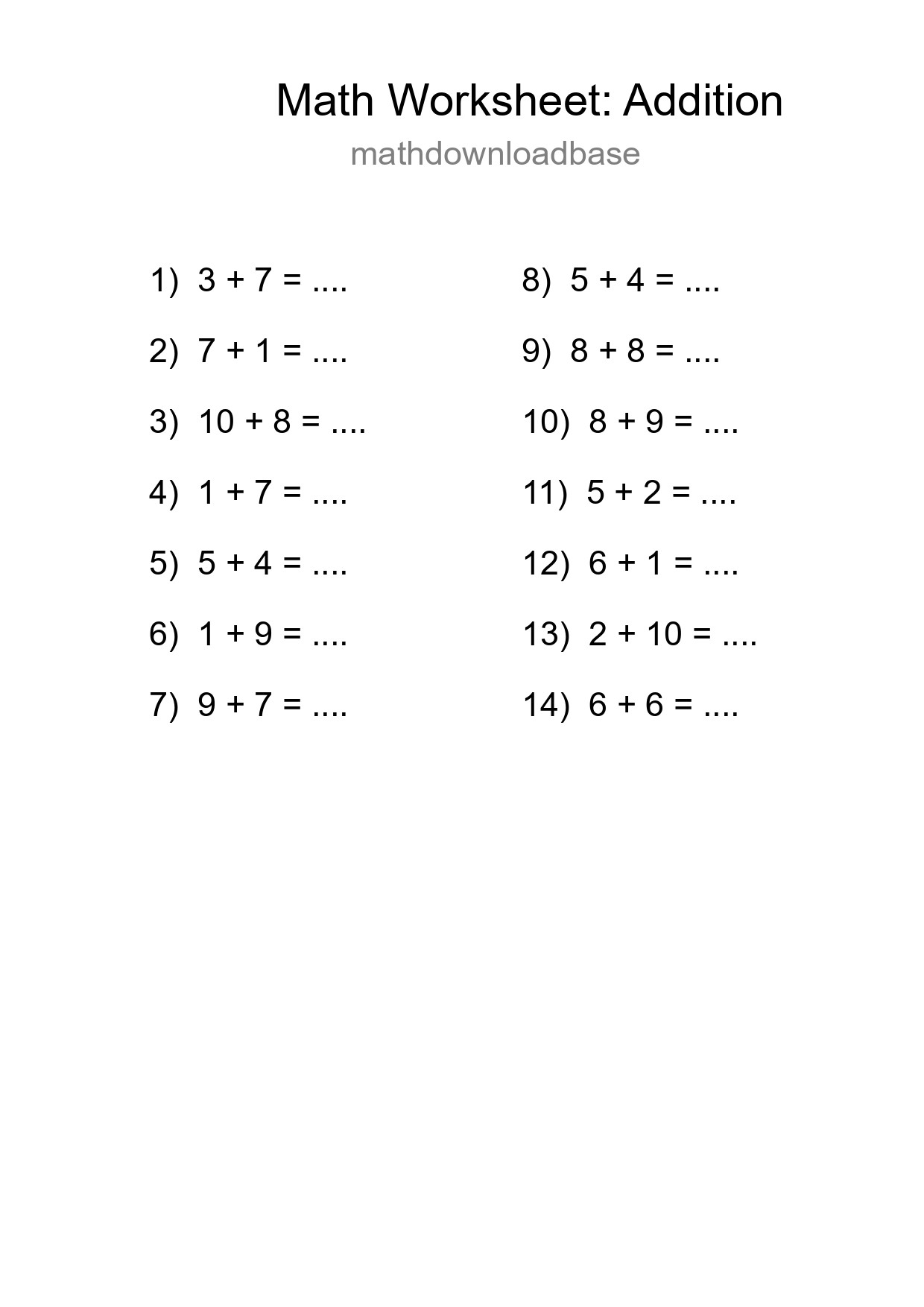 Free 14 Addition Math Worksheet For Grade 1 - Part 199