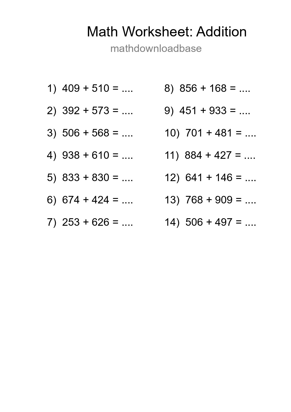Free 14 Addition Math Worksheet For Grade 5 With Answers - Part 188