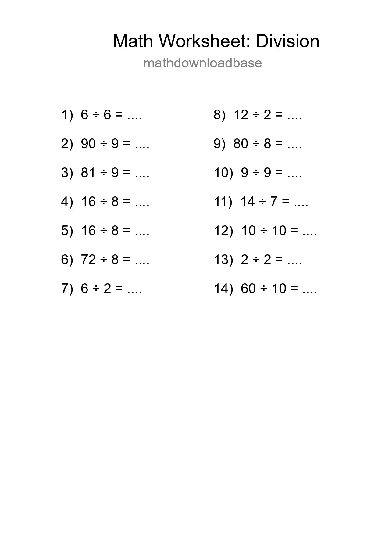 Free 14 Division Math Worksheet For Grade 1 With Answers - Part 136