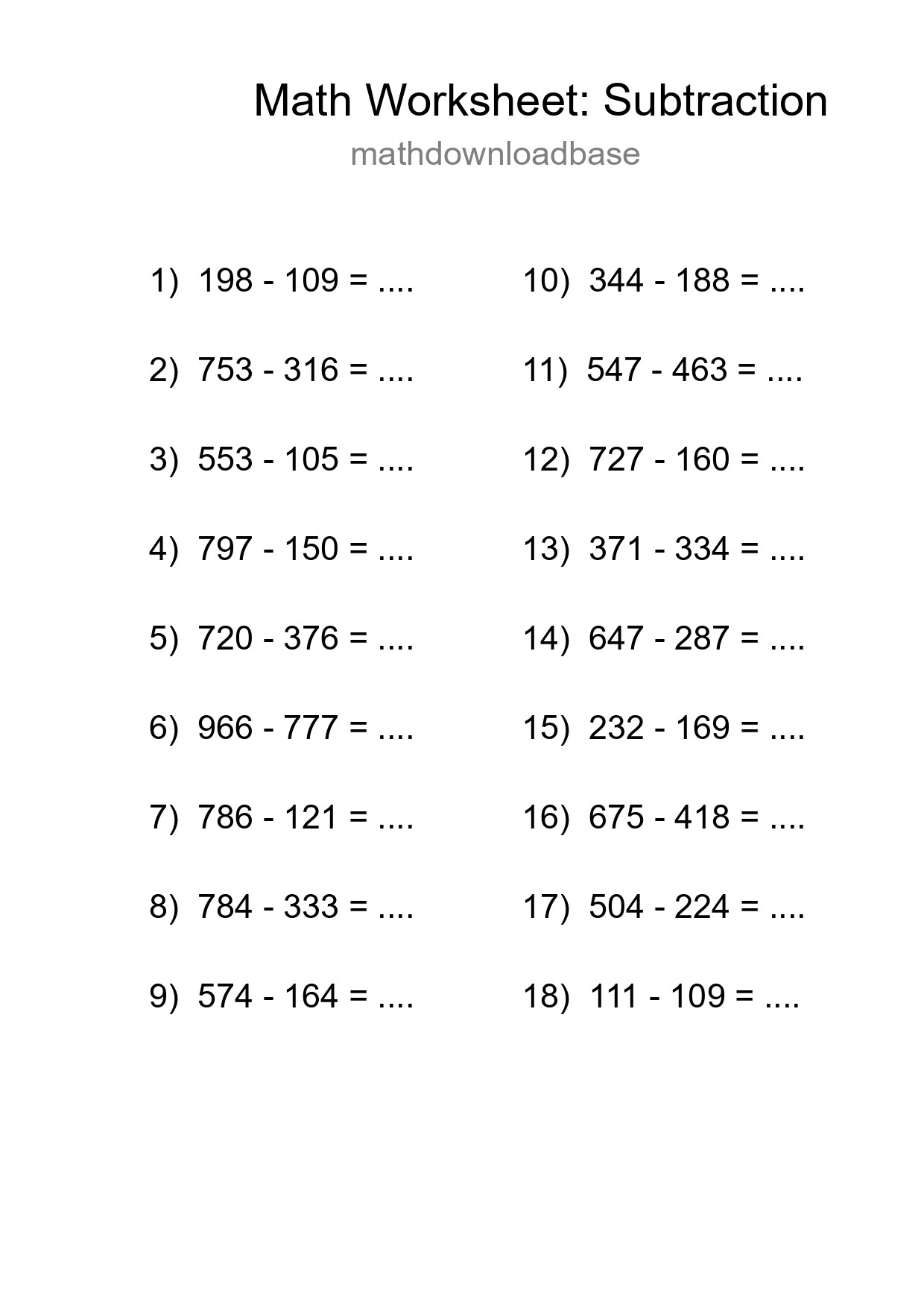 Free 18 Subtraction Math Worksheet For Grade 5 - Part 74
