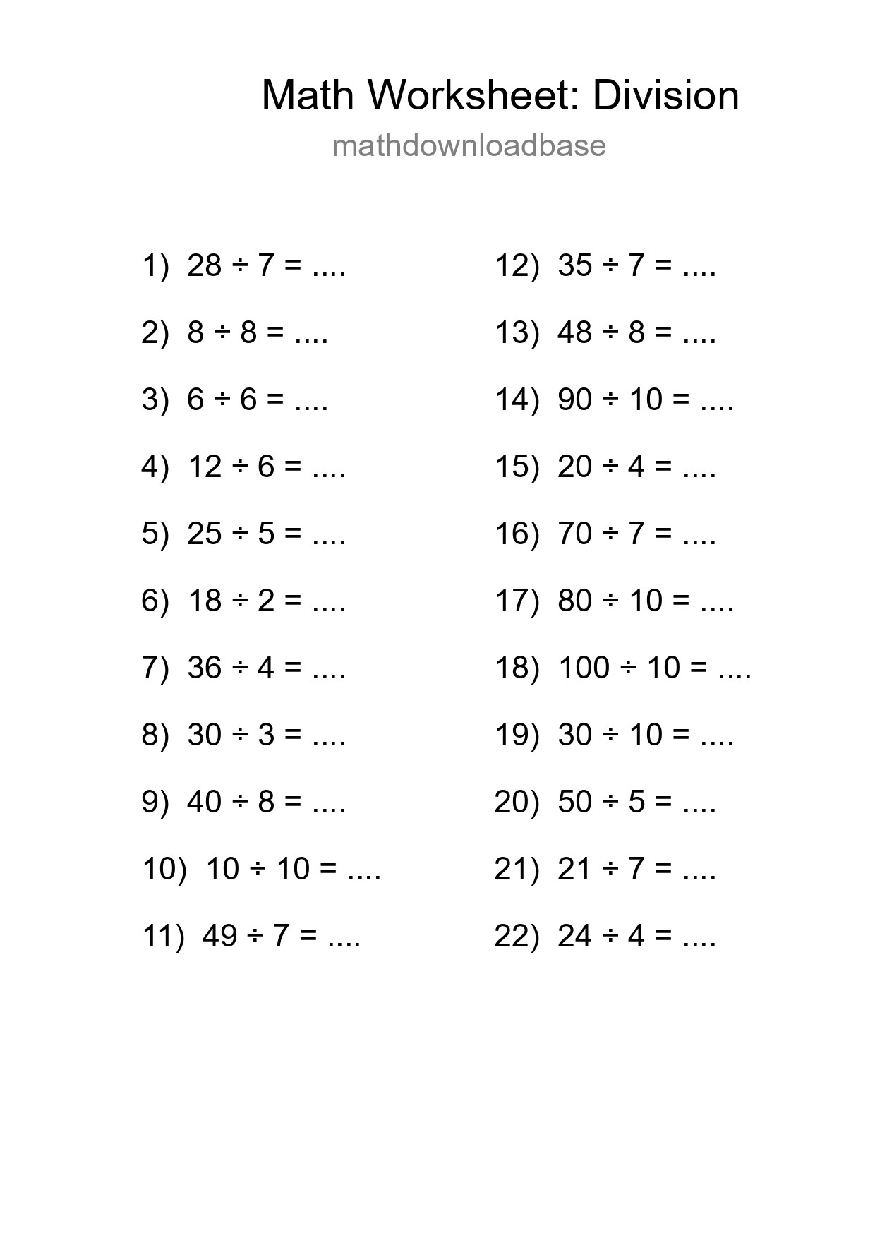 Free 22 Division Math Worksheet For Grade 1 With Answers - Part 246