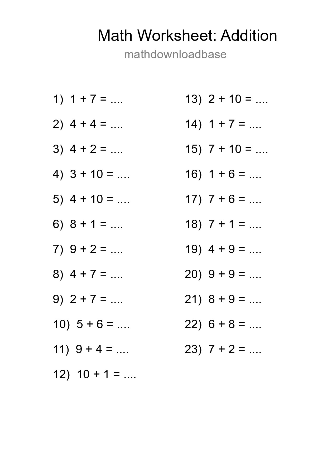 Free 23 Addition Math Worksheet For Grade 1 With Answers