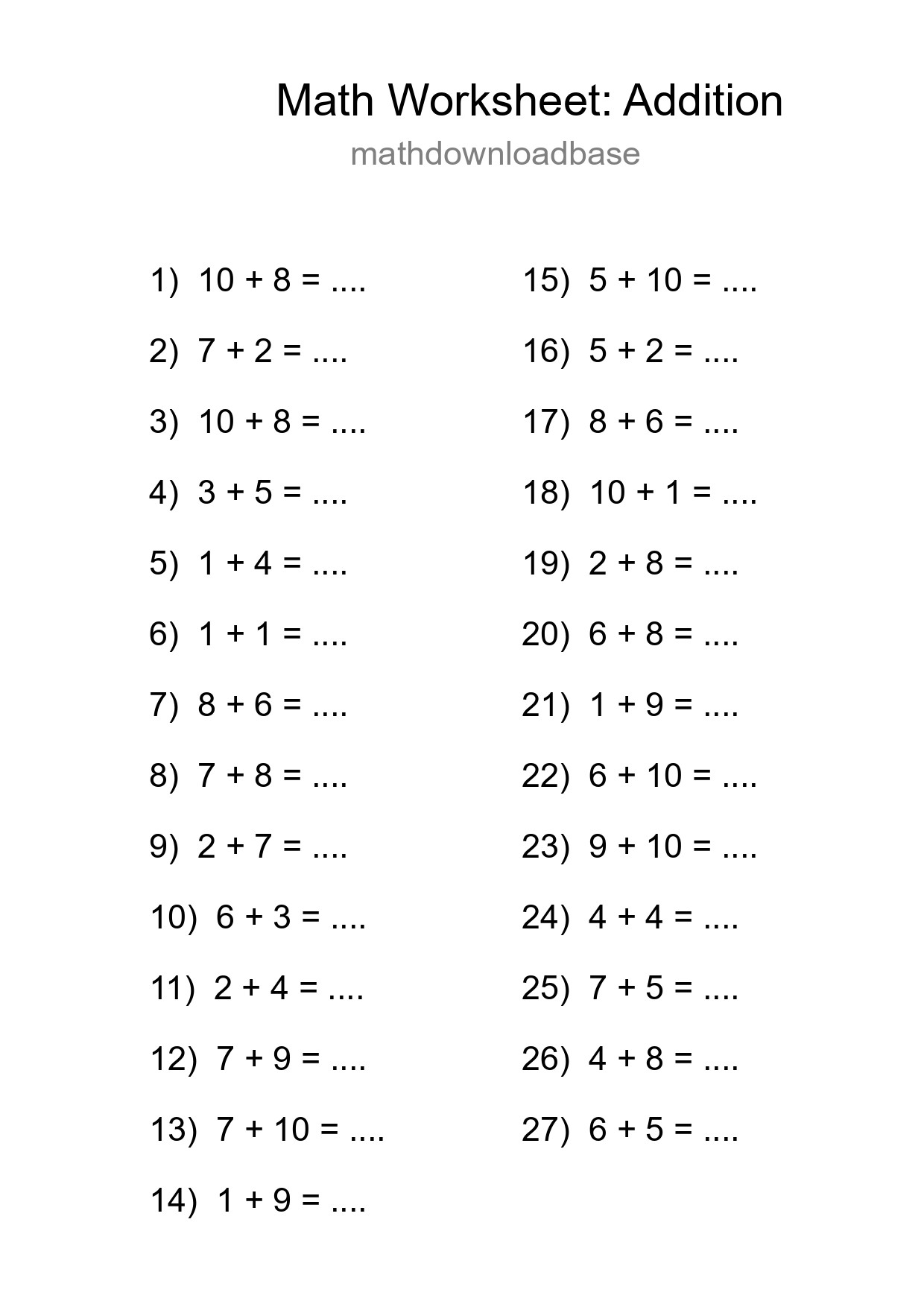 Free 27 Addition Math Worksheet For Grade 1 With Answers - Part 67