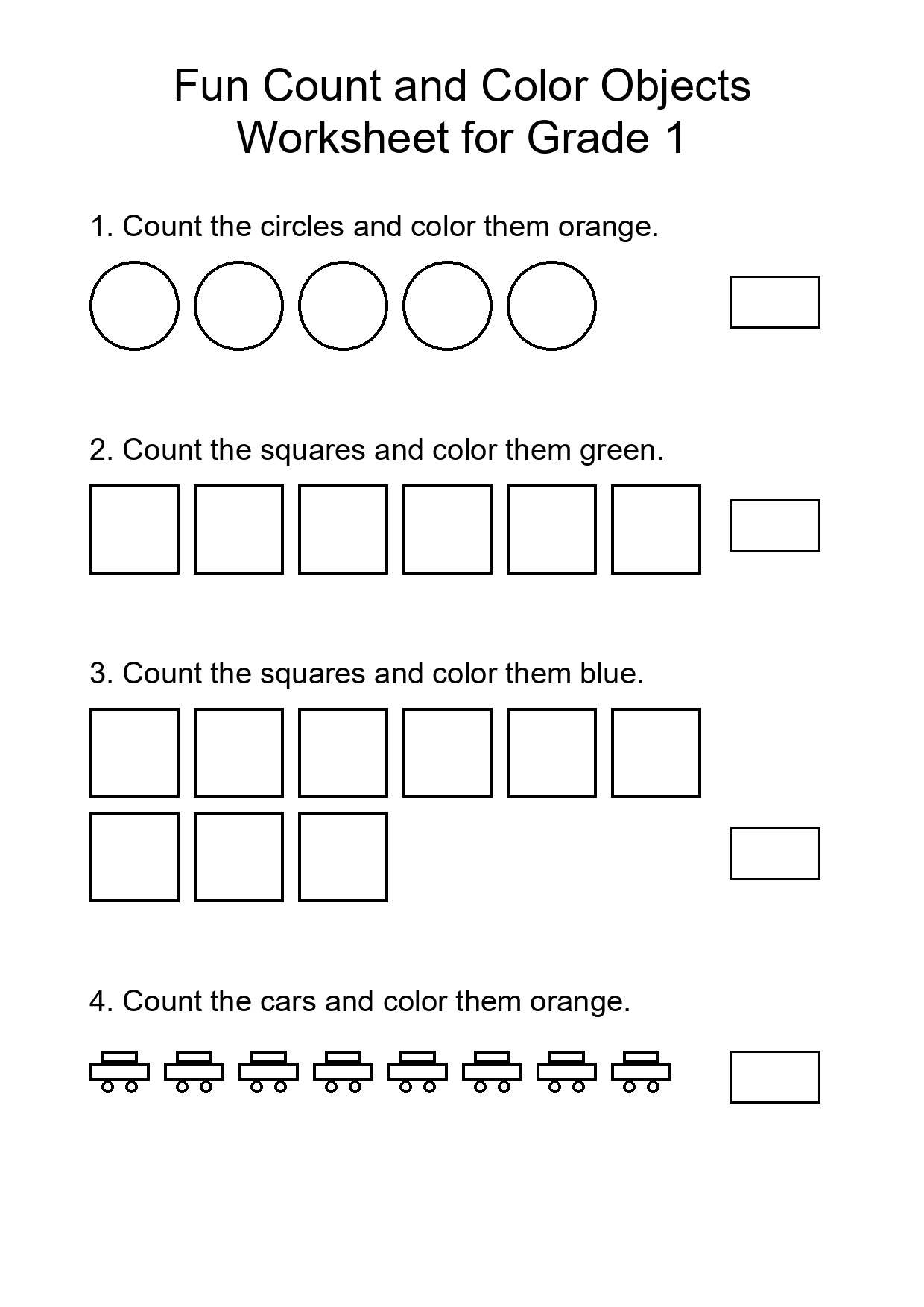 Fun Count and Color Objects Worksheet for Grade 1