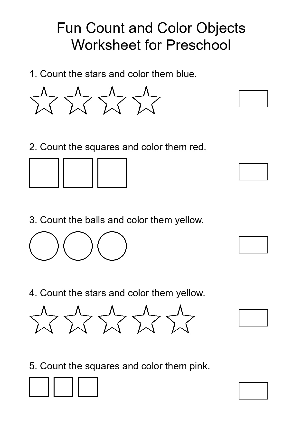 Fun Count and Color Objects Worksheet for Preschool