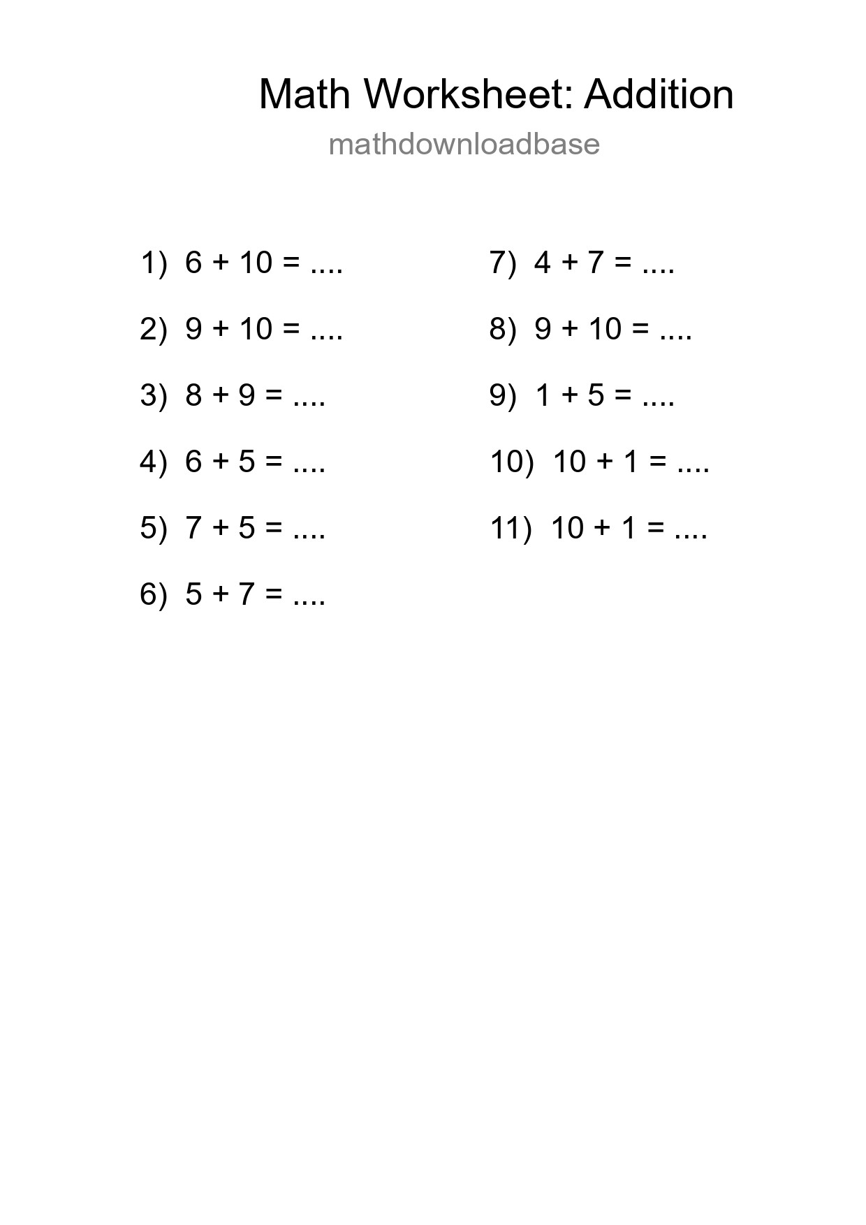 Grade 1 Addition Practice Worksheet (11 Problems) - Part 89