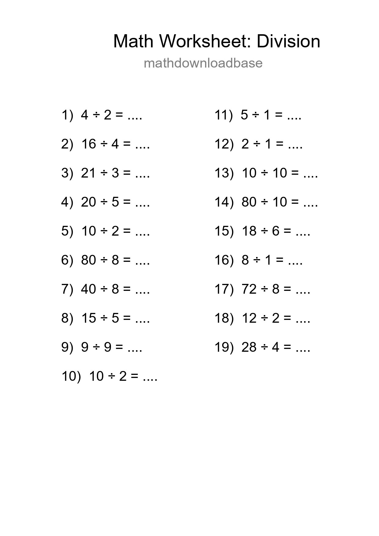 Grade 1 Division Practice Worksheet (19 Problems) - Part 169