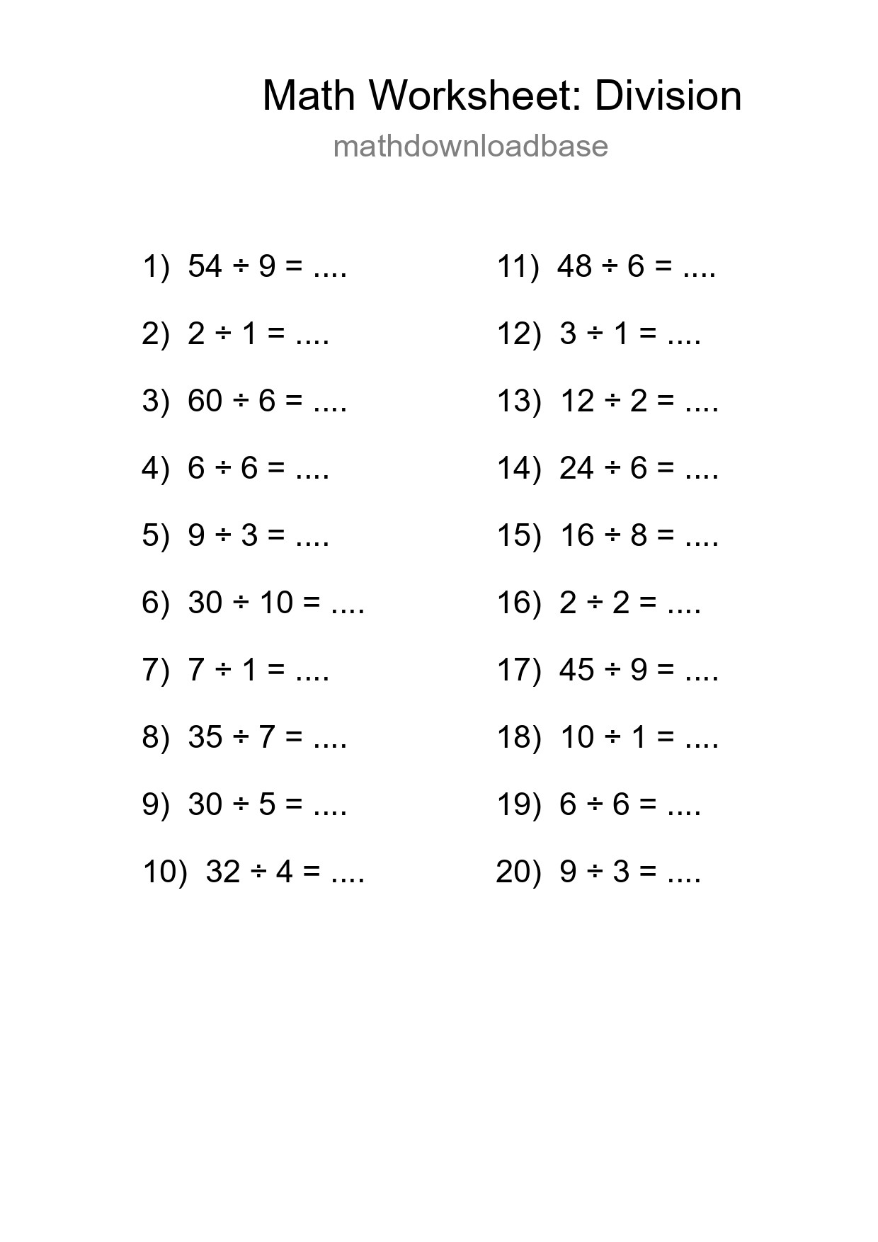 Grade 1 Division Practice Worksheet (20 Problems) - Part 257