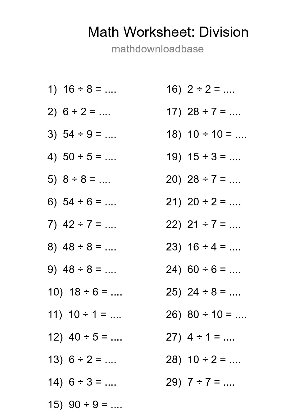 Grade 1 Division Practice Worksheet (29 Problems) - Part 37