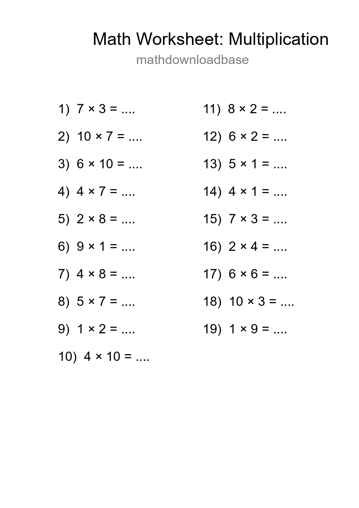 Grade 1 Multiplication Practice Worksheet (19 Problems) - Part 161