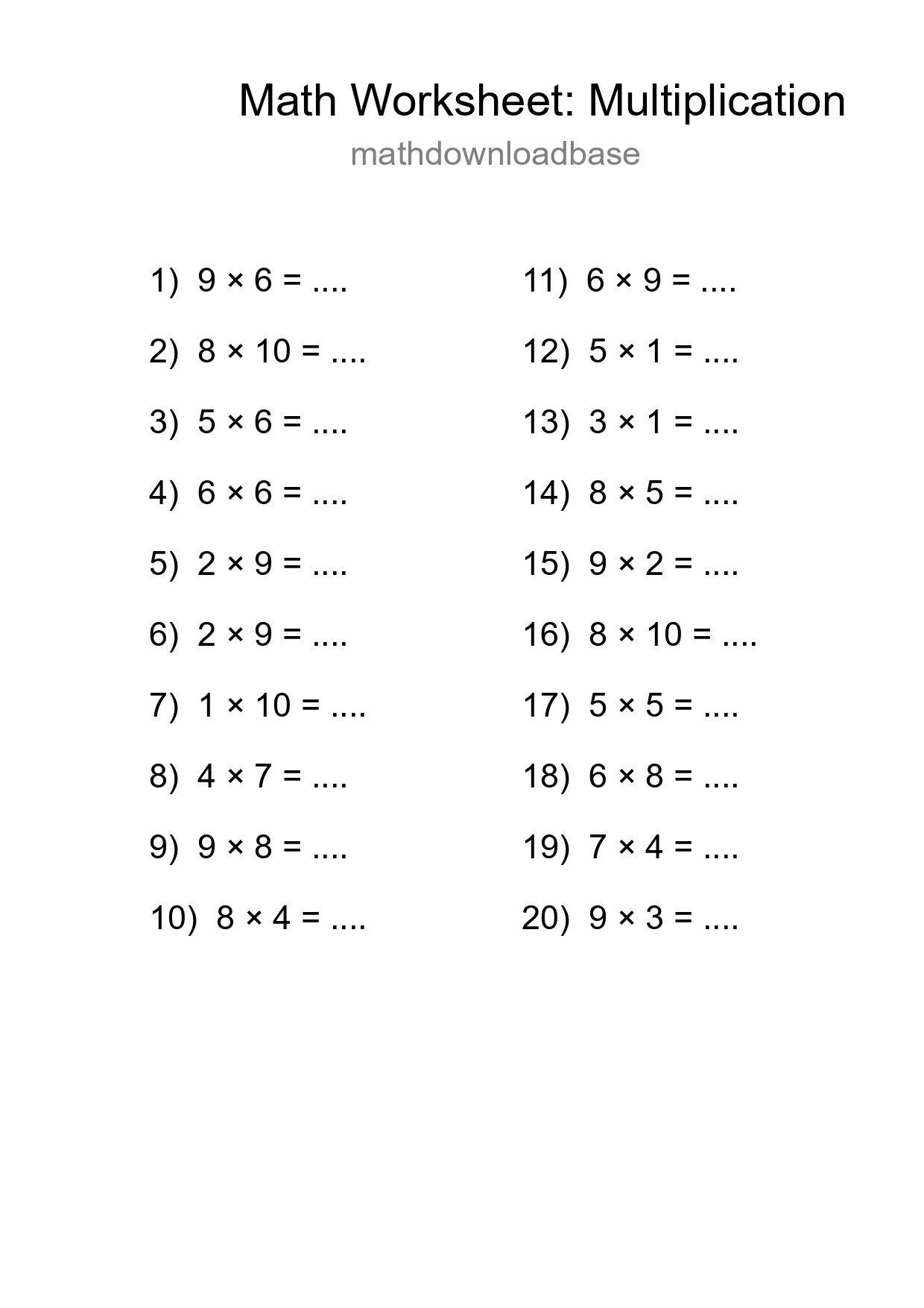 Grade 1 Multiplication Practice Worksheet (20 Problems) - Part 18