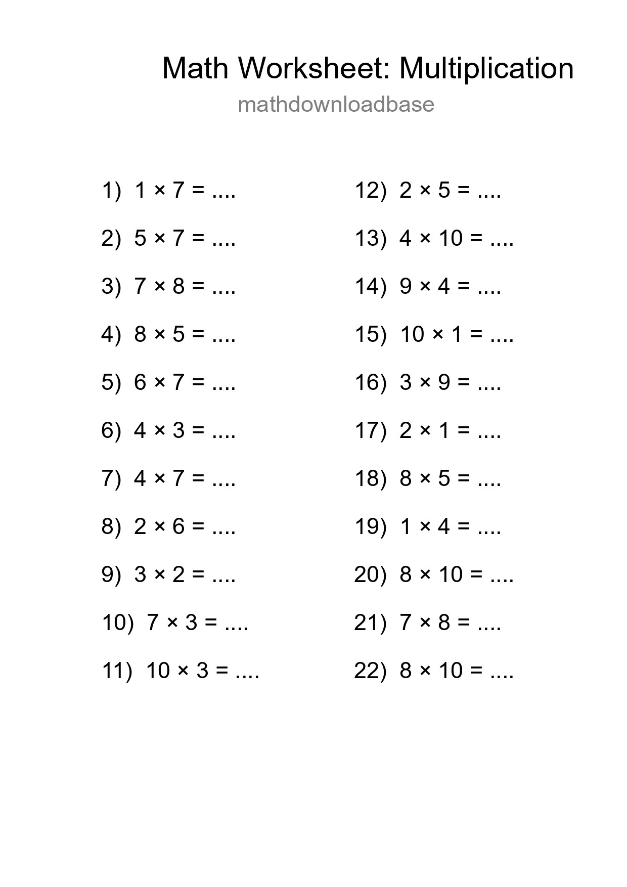 Grade 1 Multiplication Practice Worksheet (22 Problems) - Part 249