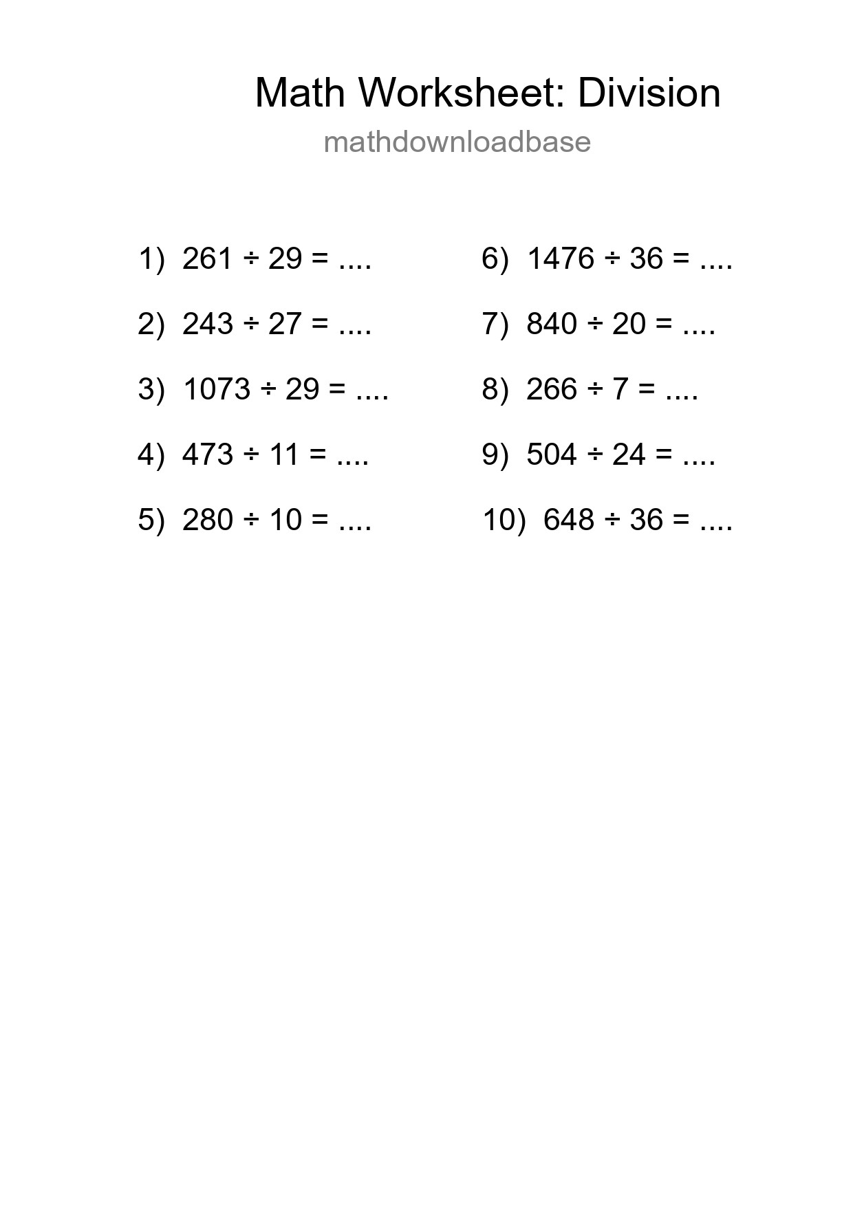 Grade 2 Division Practice Worksheet (10 Problems) - Part 125