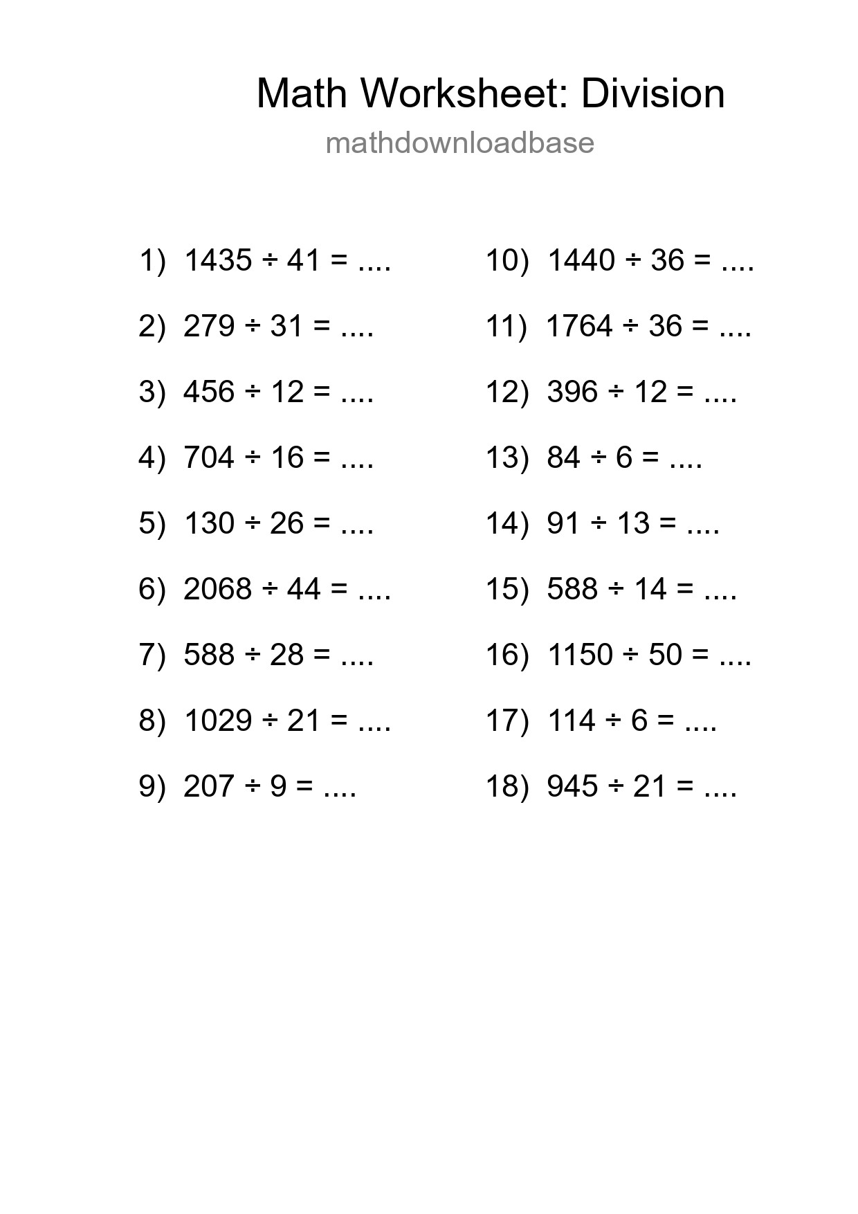 Grade 2 Division Practice Worksheet (18 Problems) - Part 224