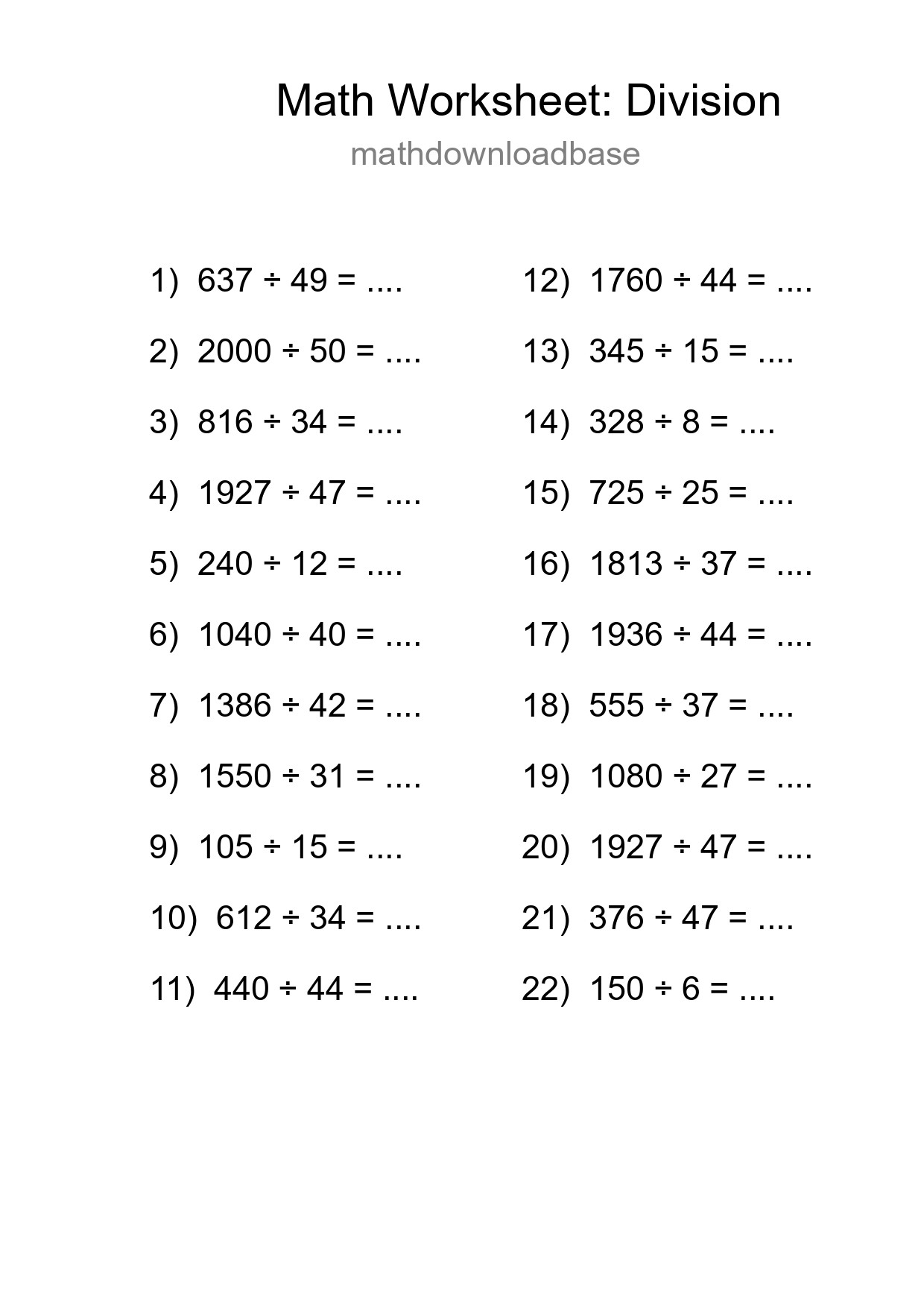 Grade 2 Division Practice Worksheet (22 Problems) - Part 147
