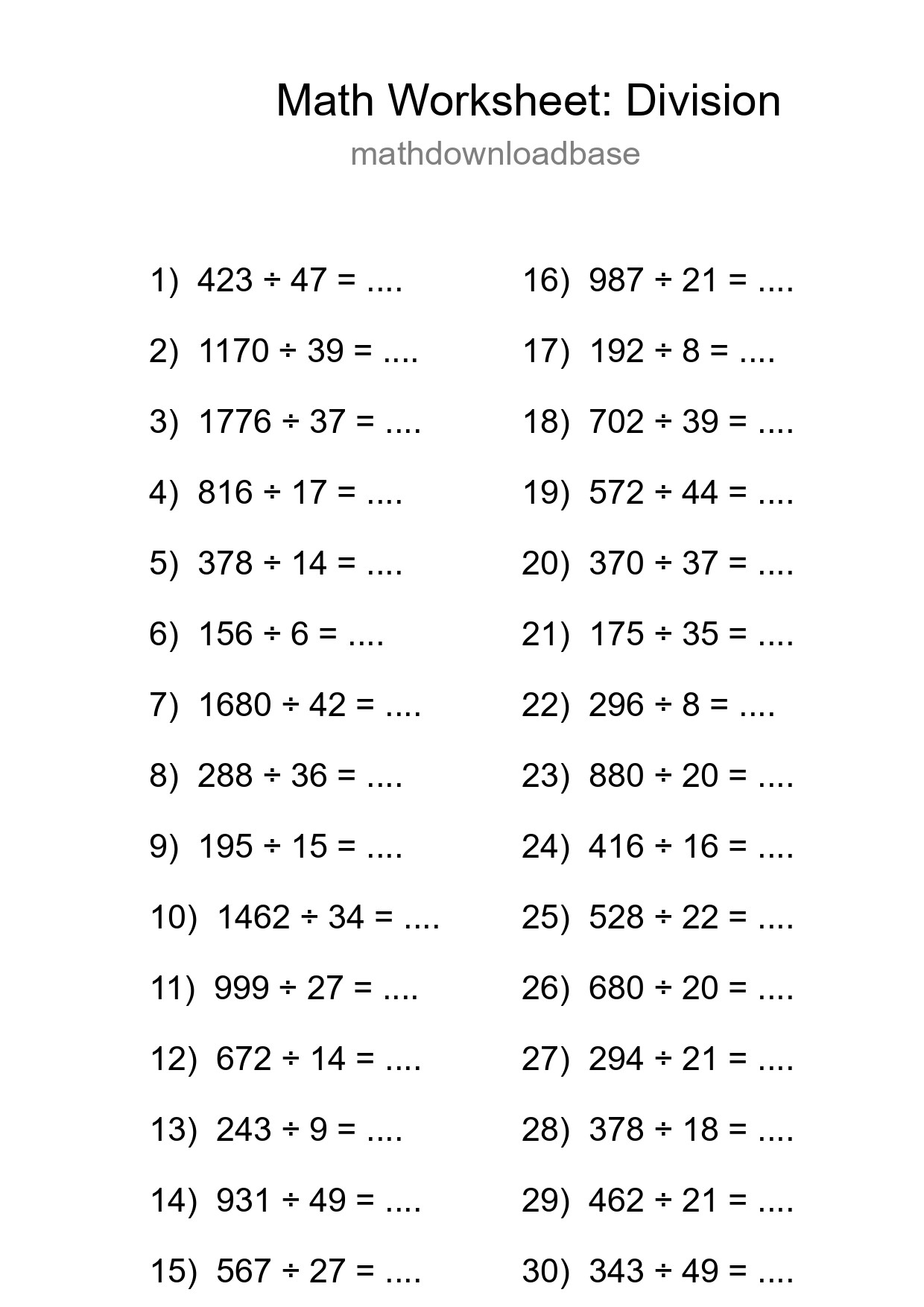 Grade 2 Division Practice Worksheet (30 Problems) - Part 213