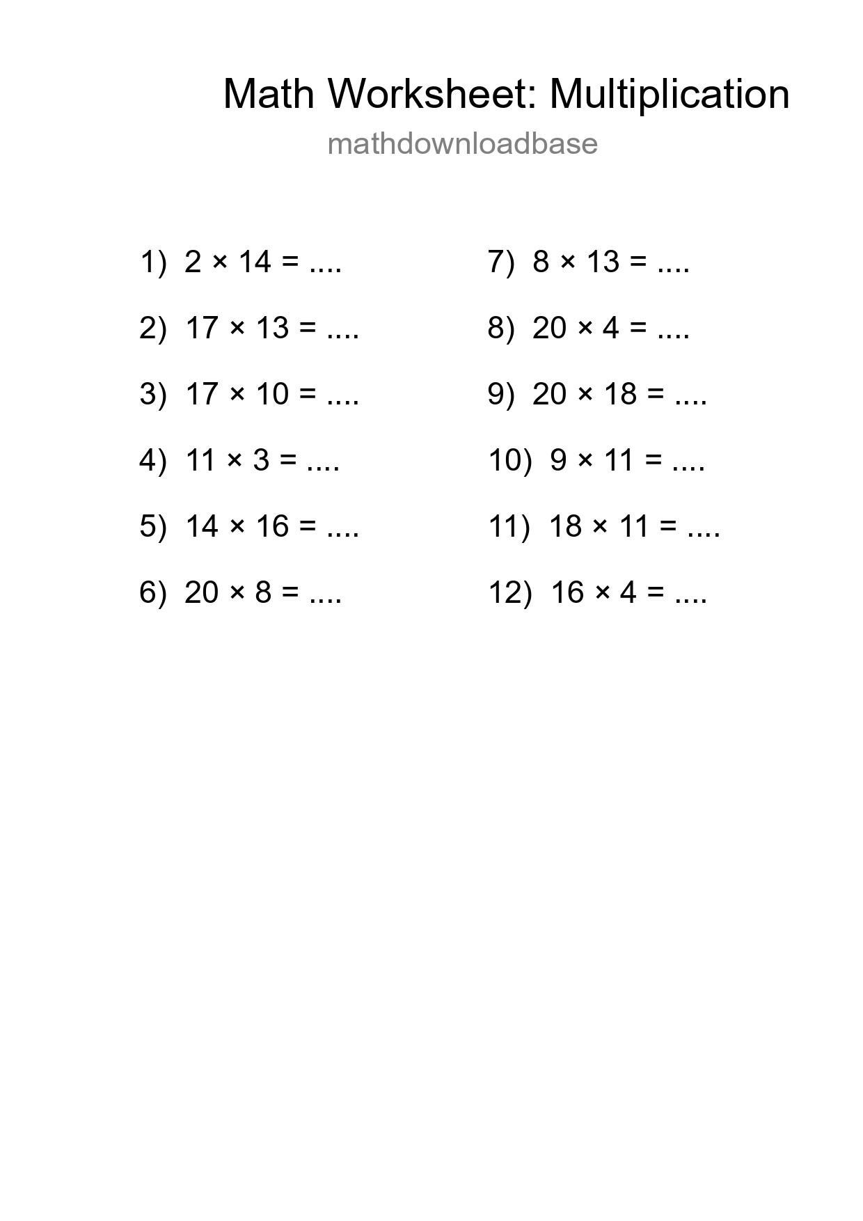 Grade 2 Multiplication Practice Worksheet (12 Problems) - Part 40