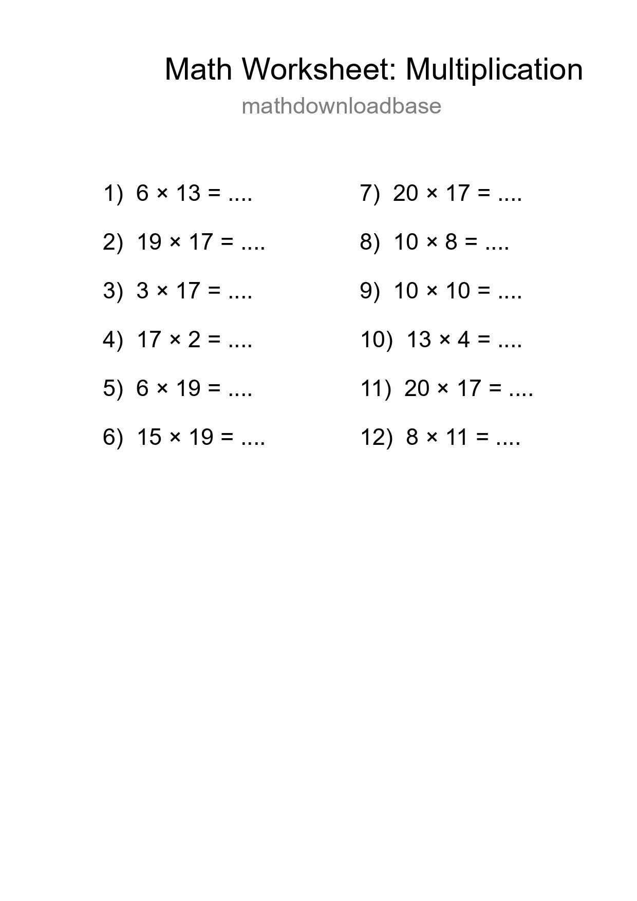 Grade 2 Multiplication Practice Worksheet (12 Problems) - Part 95