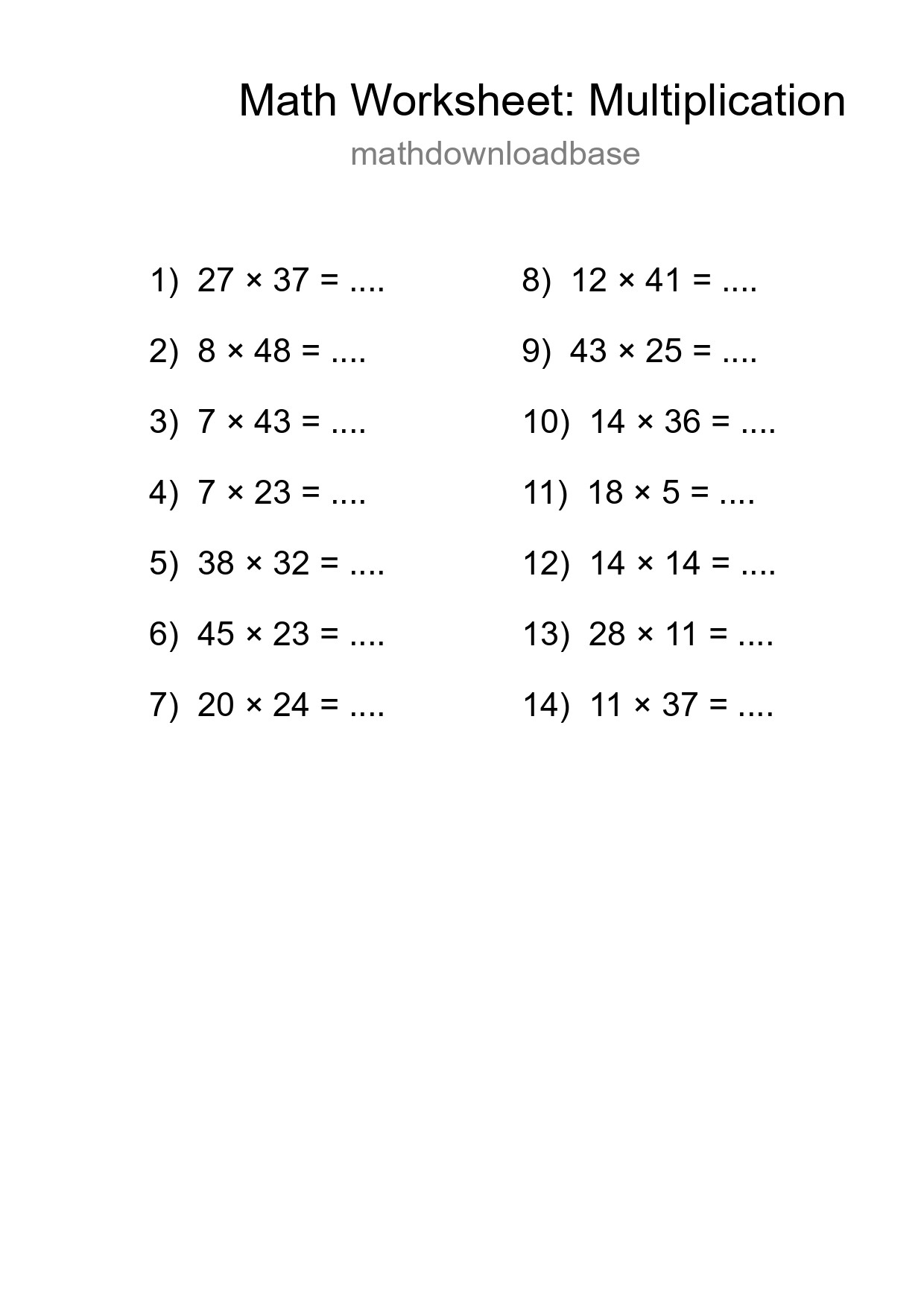 Grade 2 Multiplication Practice Worksheet (14 Problems) - Part 128