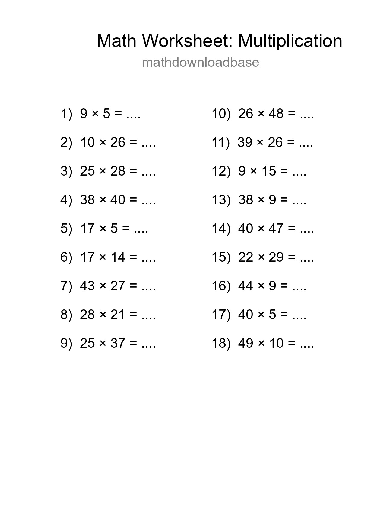 Grade 2 Multiplication Practice Worksheet (18 Problems) - Part 172