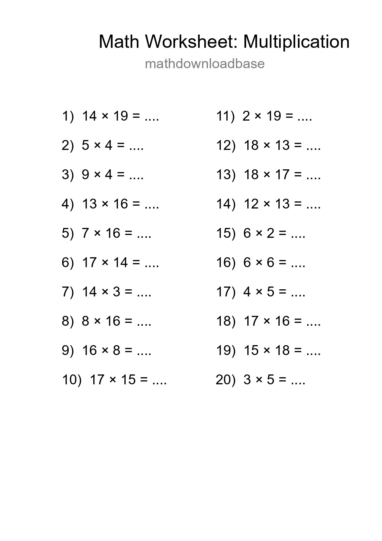 Grade 2 Multiplication Practice Worksheet (20 Problems) - Part 216