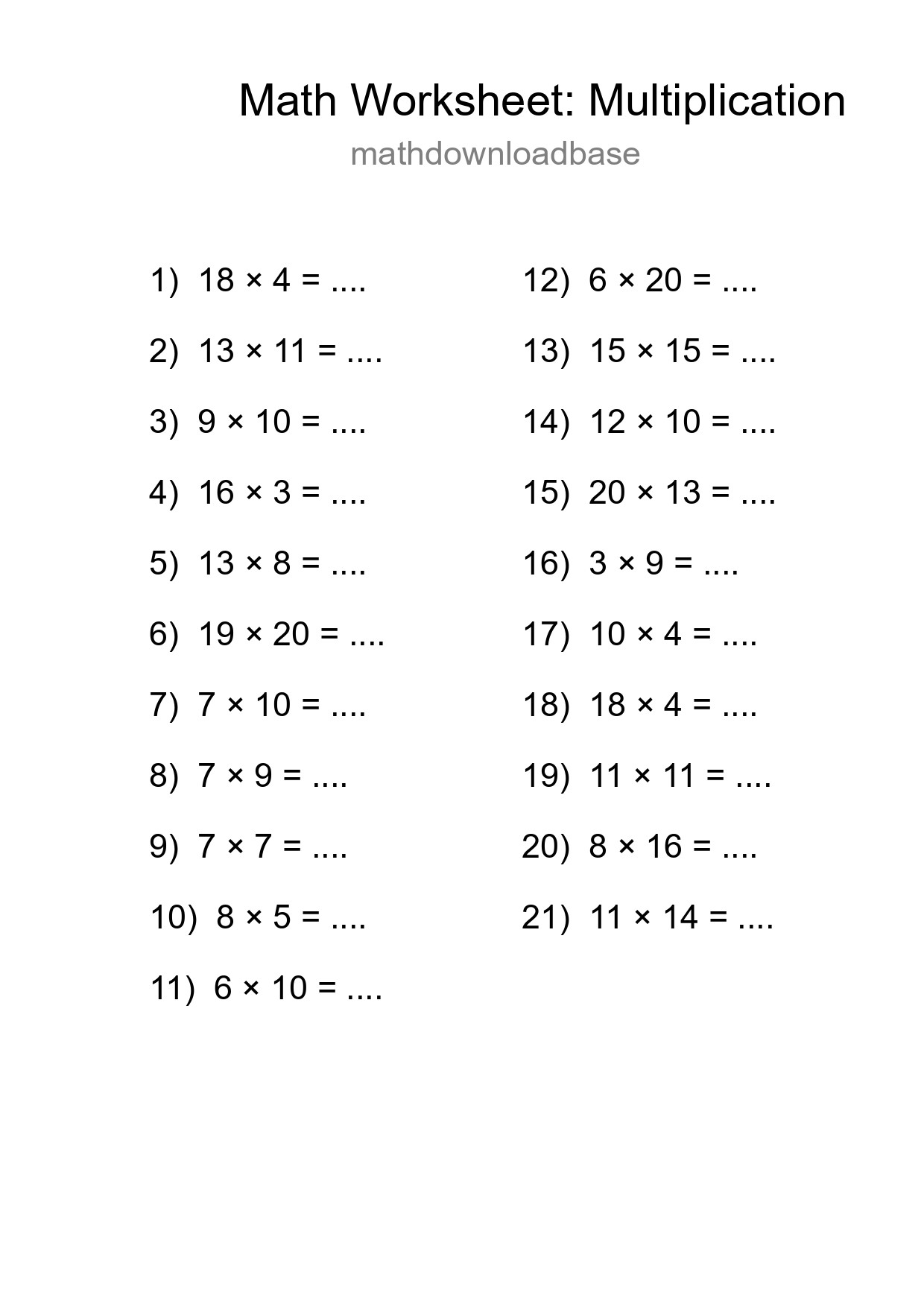Grade 2 Multiplication Practice Worksheet (21 Problems) - Part 271