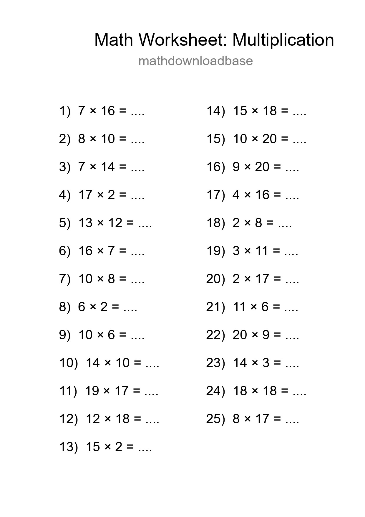 Grade 2 Multiplication Practice Worksheet (25 Problems) - Part 282