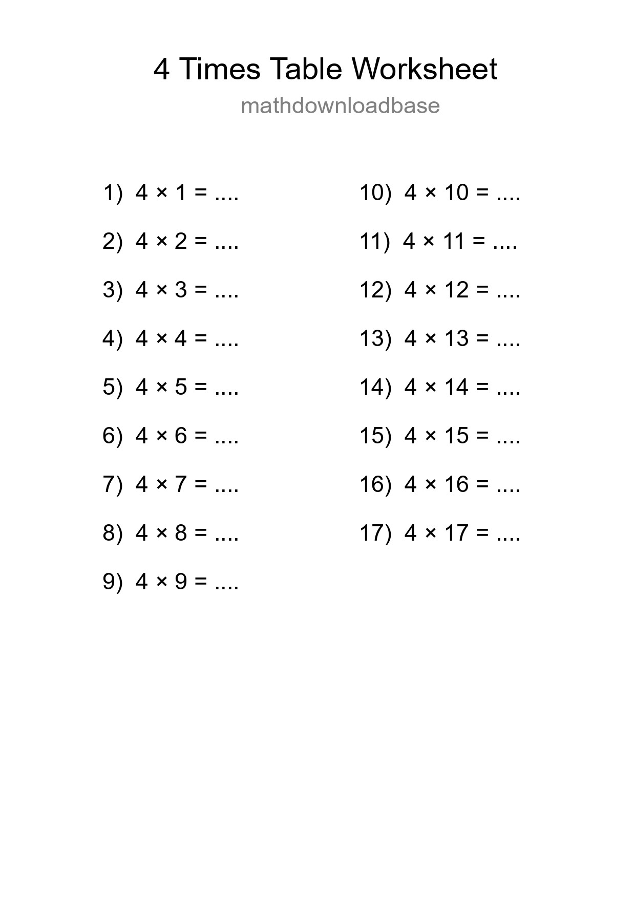 Grade 2 Multiplication Table 4 Practice - Part 75