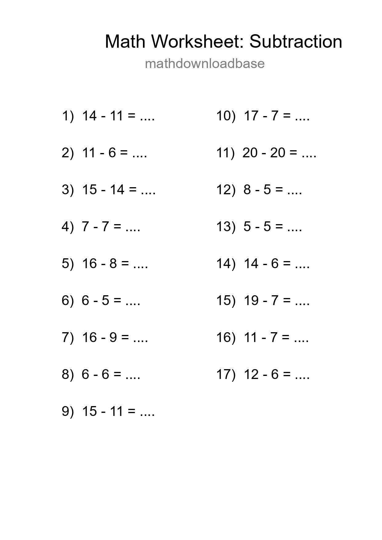 Grade 2 Subtraction Practice Worksheet (17 Problems) - Part 272