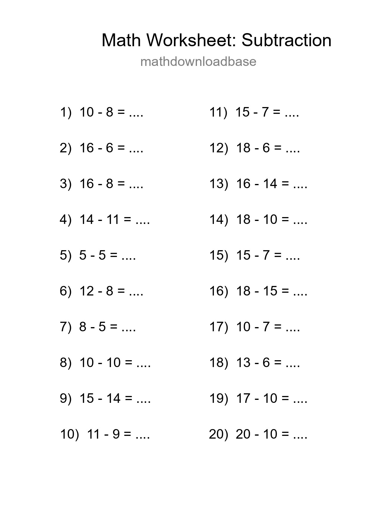 Grade 2 Subtraction Practice Worksheet (20 Problems) - Part 96