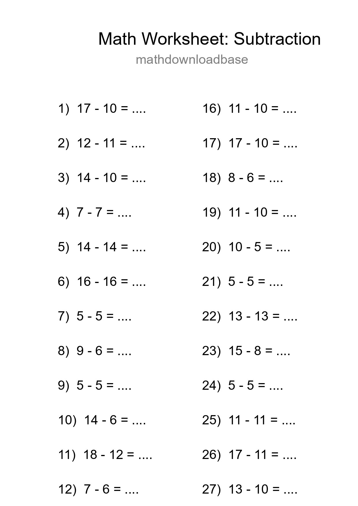 Grade 2 Subtraction Practice Worksheet (29 Problems) - Part 195