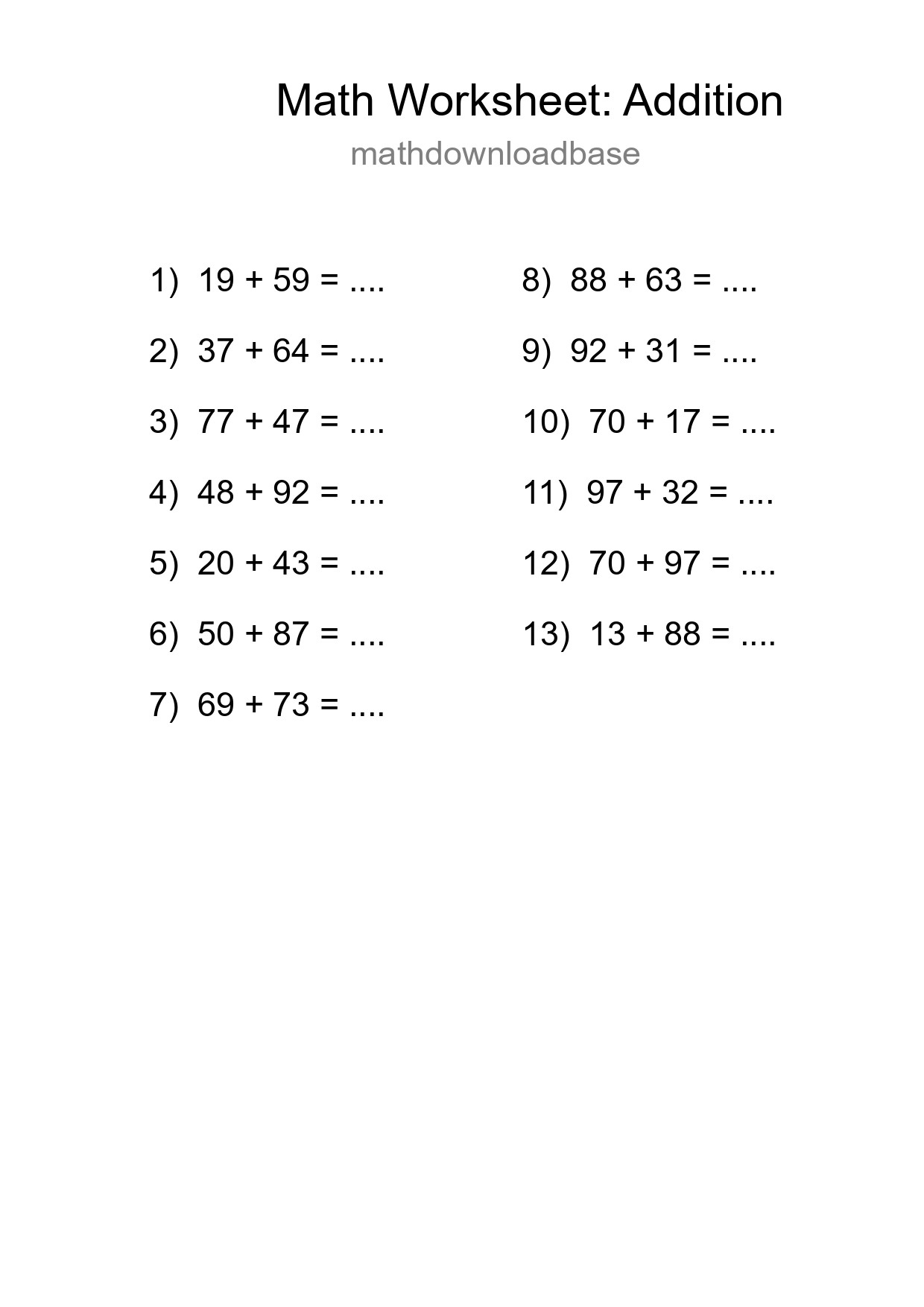 Grade 3 Addition Practice Worksheet (13 Problems) - Part 276