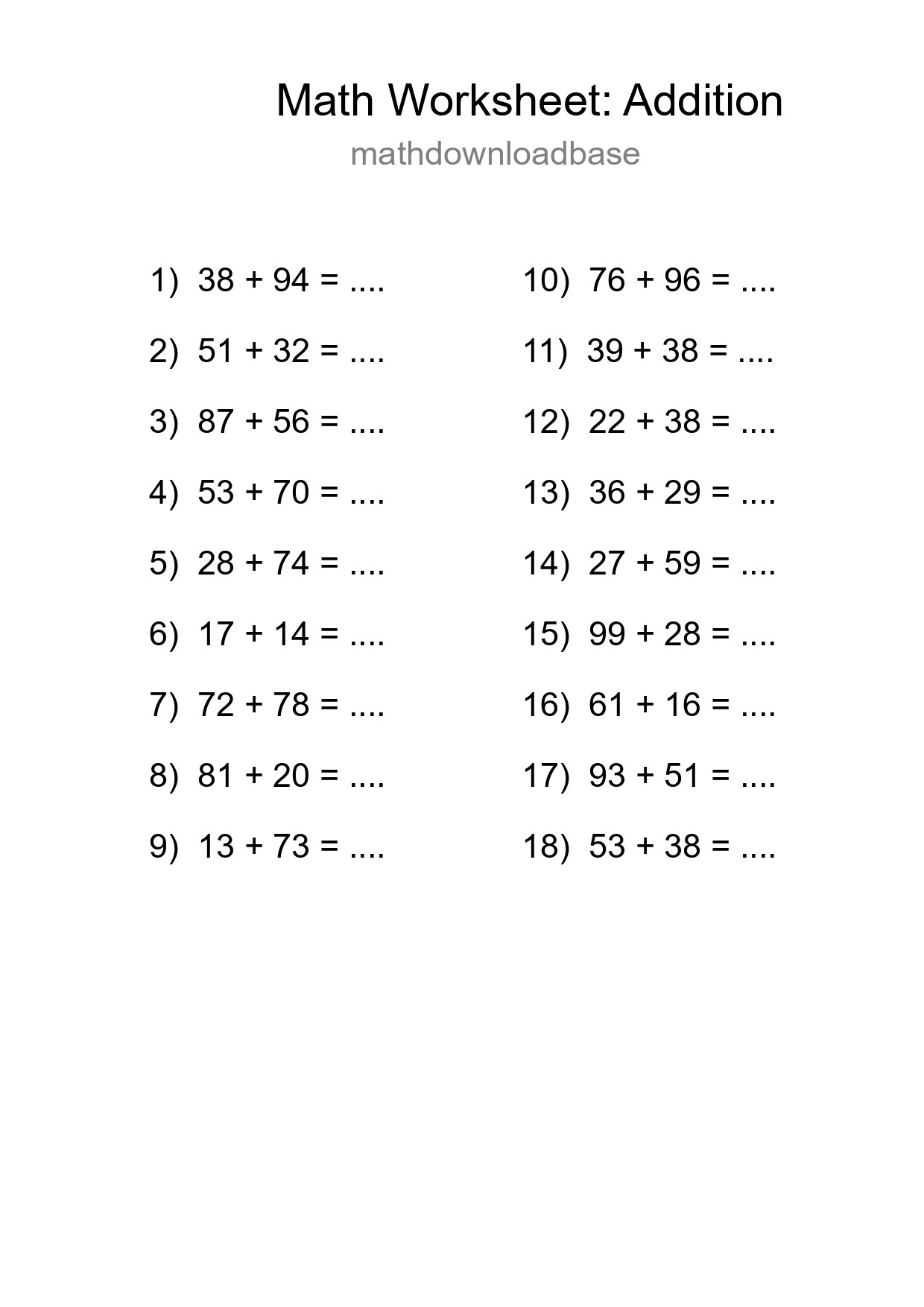 Grade 3 Addition Practice Worksheet (18 Problems) - Part 144