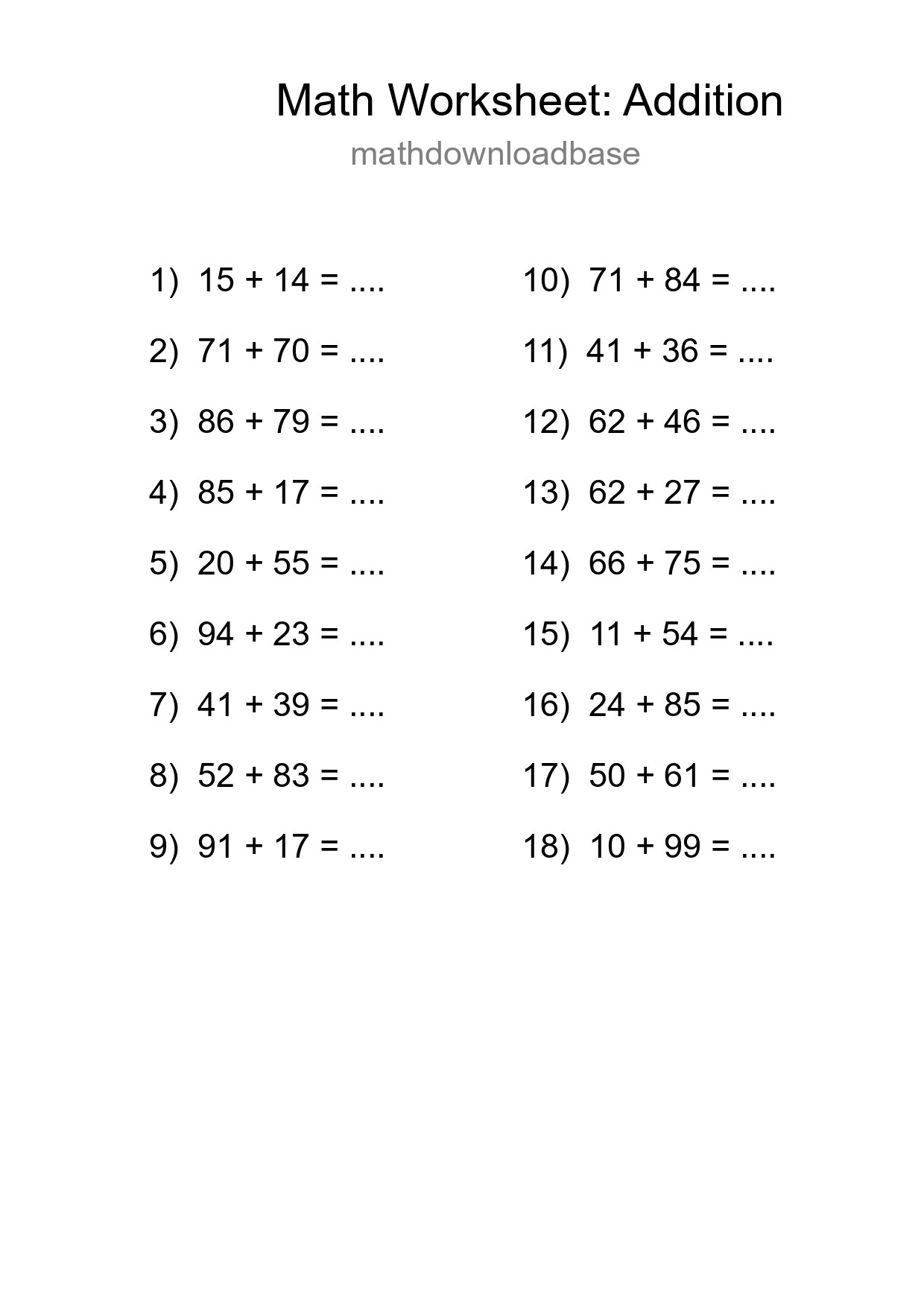 Grade 3 Addition Practice Worksheet (18 Problems) - Part 298