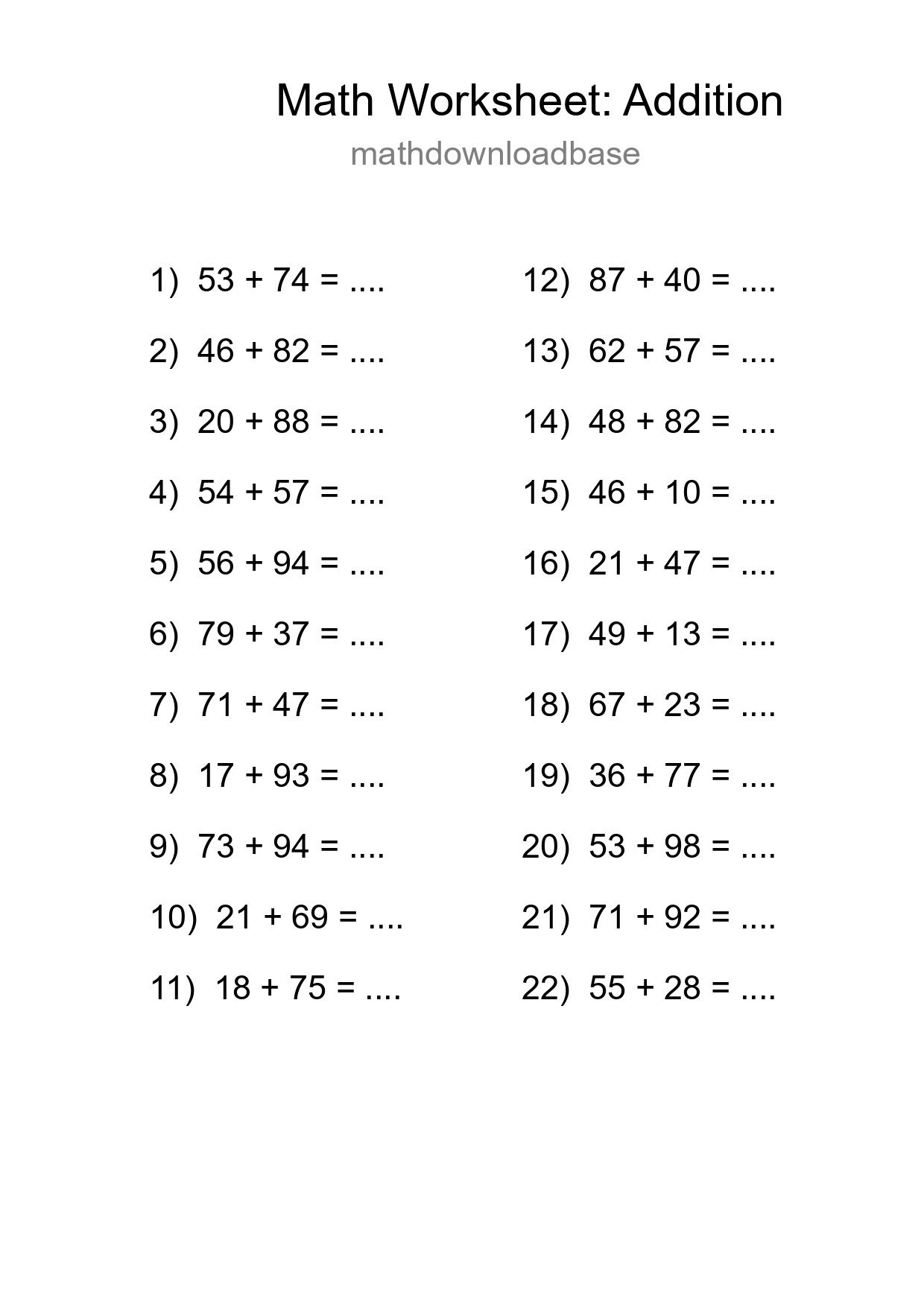 Grade 3 Addition Practice Worksheet (22 Problems) - Part 243
