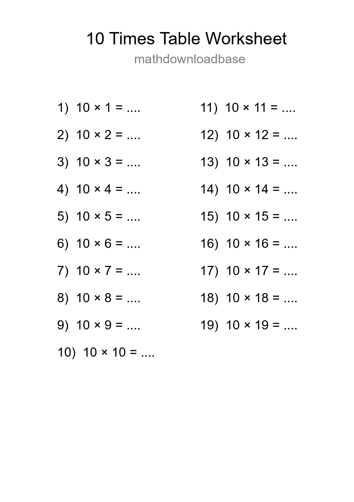 Grade 3 Multiplication Table 10 Practice - Part 9