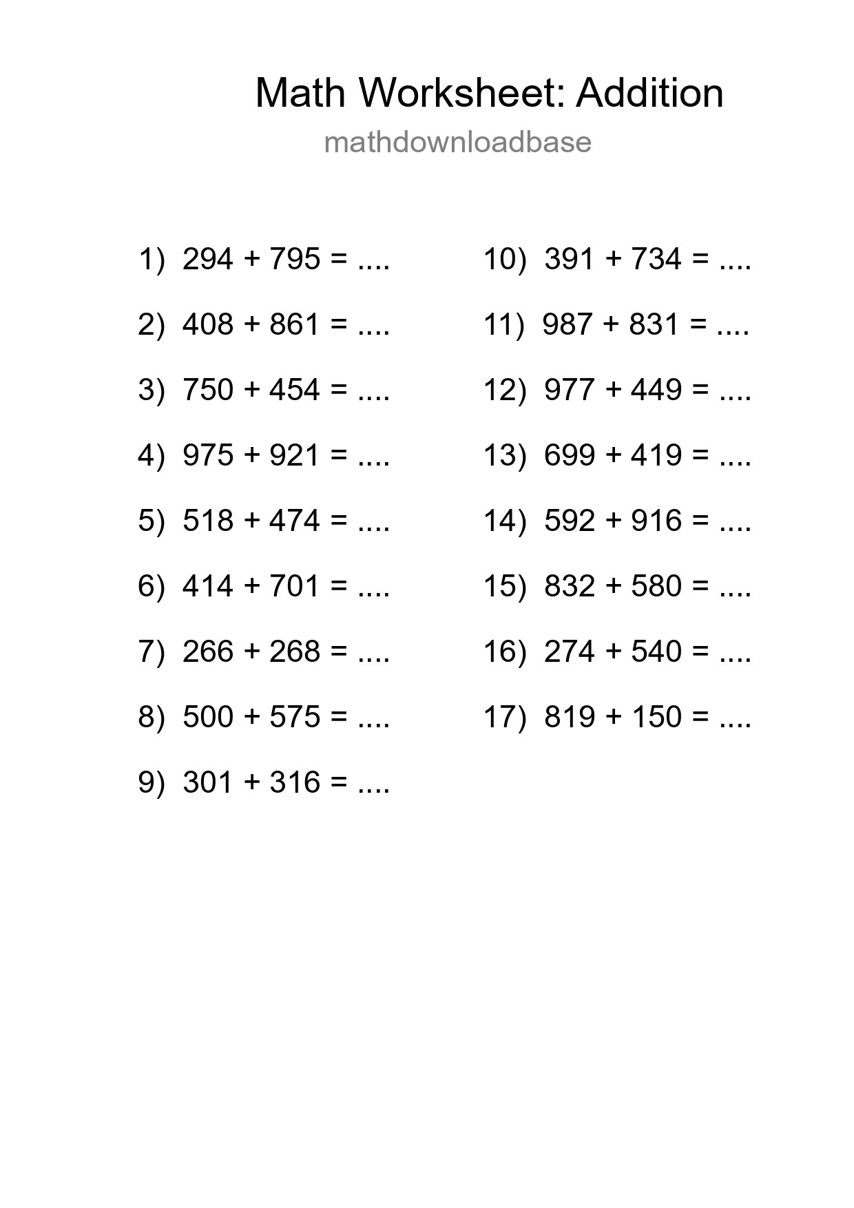 Grade 5 Addition Practice Worksheet (17 Problems) - Part 23